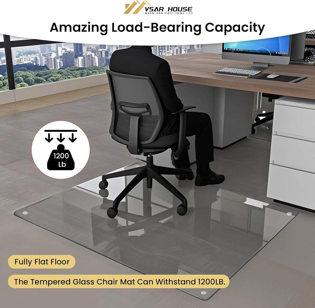 48"x31" Tempered Glass Chair Mat, Heavy Duty Glass Office Floor Mat for Carpet or Hardwood Floors, with Non-Slip Pads, Round Corner and Polished Edge, Effortless Rolling, Thick 1/5"