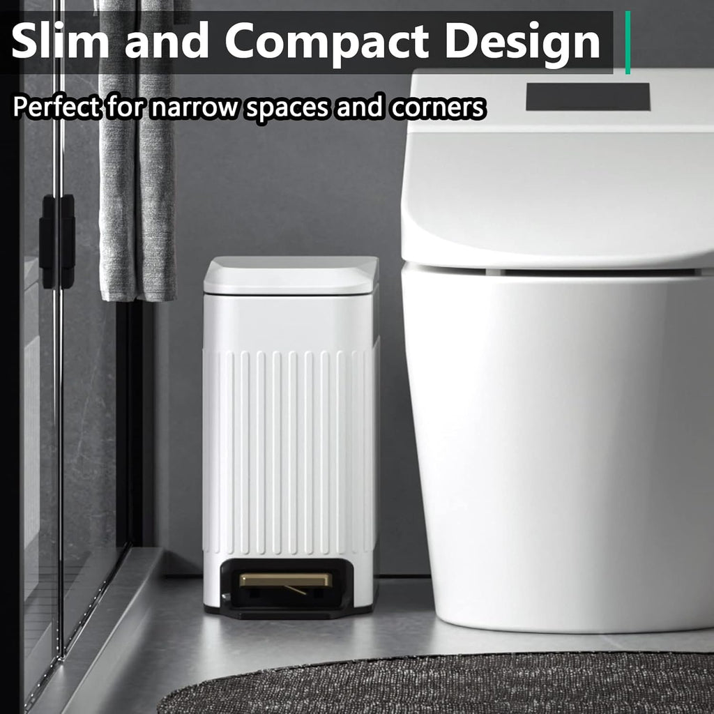 CEROELDA Small Bathroom Trash Can with Lid Soft Close-5L/1.3 Gal Slim Garbage Can-Metal Step Wastebasket-Rectangle Narrow Waste Bin for Office, Bedroom, Toilet, Live Room (Embossed-White)
