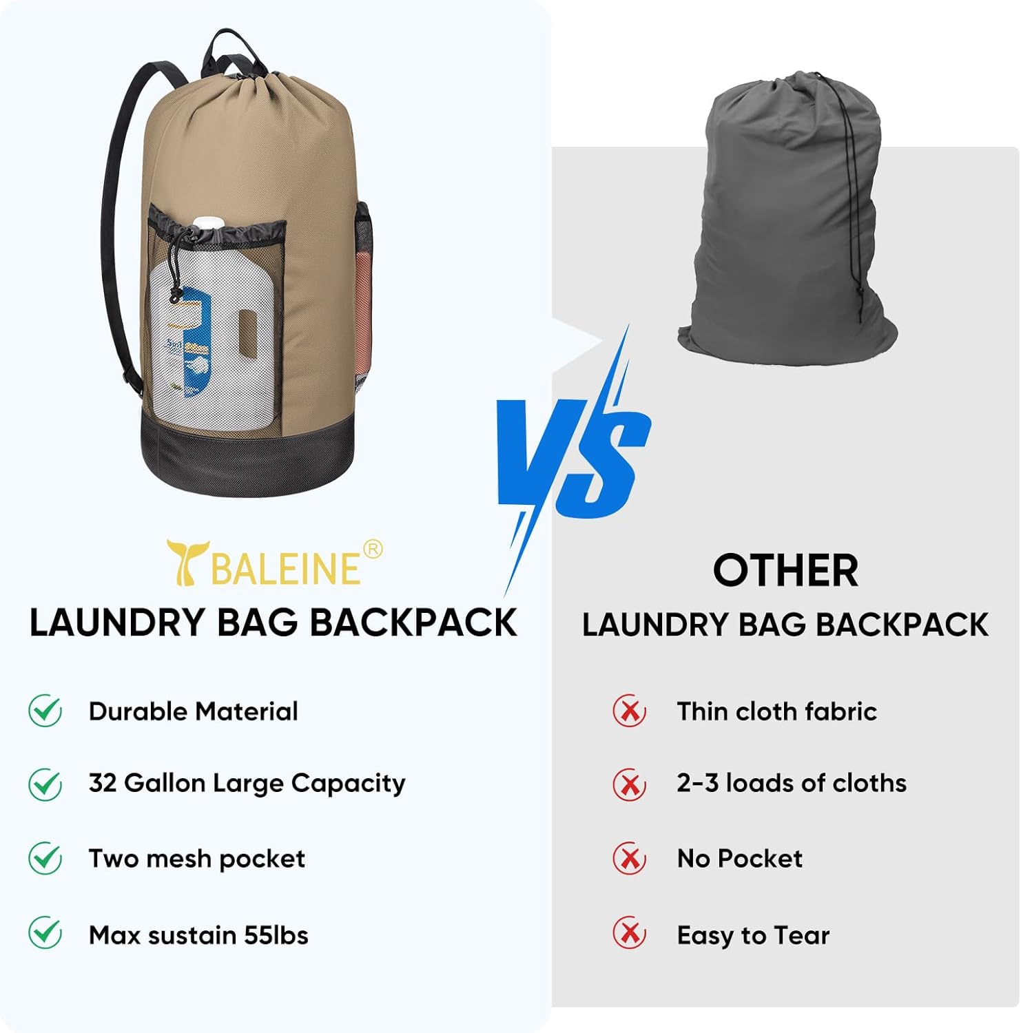 BALEINE 120L Laundry Bag Backpack, 900D Oxford Fabric Large Travel Laundry Bags with Shoulder Straps and 2 Mesh Pockets for College Dorm, Apartment, Laundromat (Khaki, 120L)