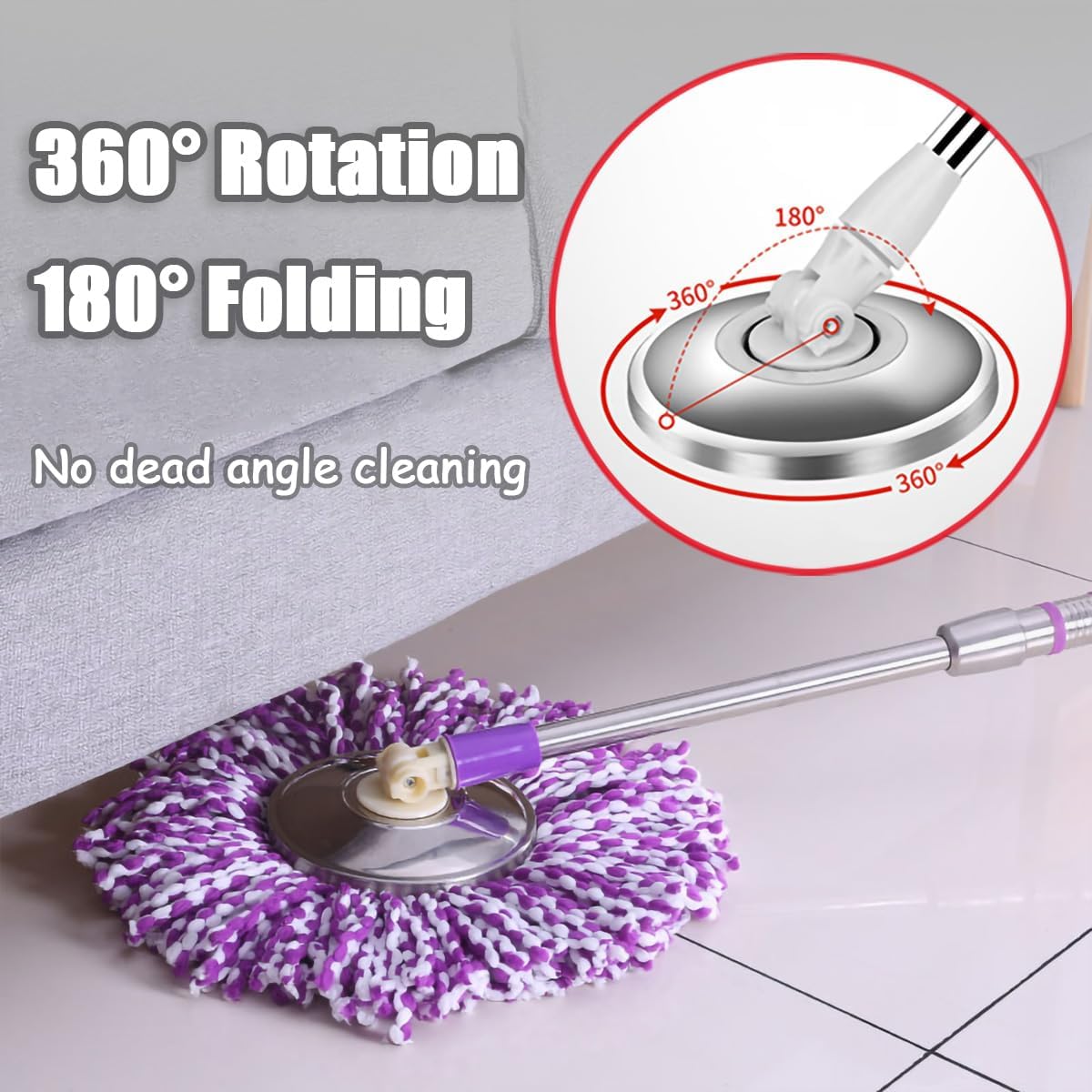 Extended Spin Mop Replacement Mop Handle, Upgraded 60-inch 360 Degrees Rotating Telescopic Replacement Mop Stick for Spin Mop Bucket Cleaning System (Stainless Steel Disc, Purple)