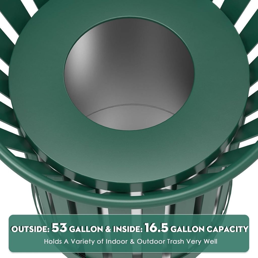 16Gallon/62L Commercial Outdoor & Indoor Metal Trash Can, Outdoor Slatted Trash Receptacle with Metal Linner, All Weather Resistant Large Outside Zone Round Garbage Bin for Street, Park, School-Green