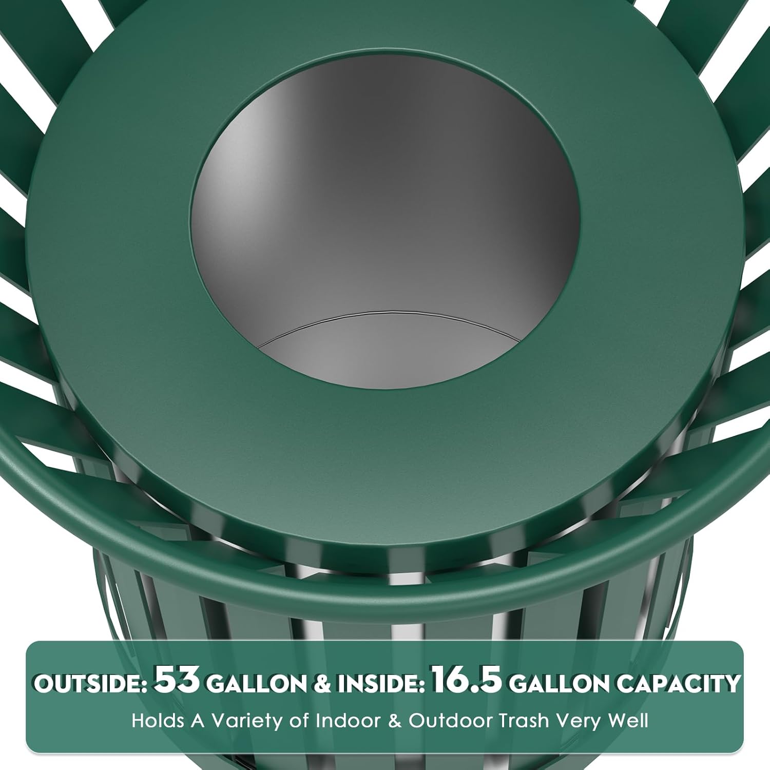 16Gallon/62L Commercial Outdoor & Indoor Metal Trash Can, Outdoor Slatted Trash Receptacle with Metal Linner, All Weather Resistant Large Outside Zone Round Garbage Bin for Street, Park, School-Green
