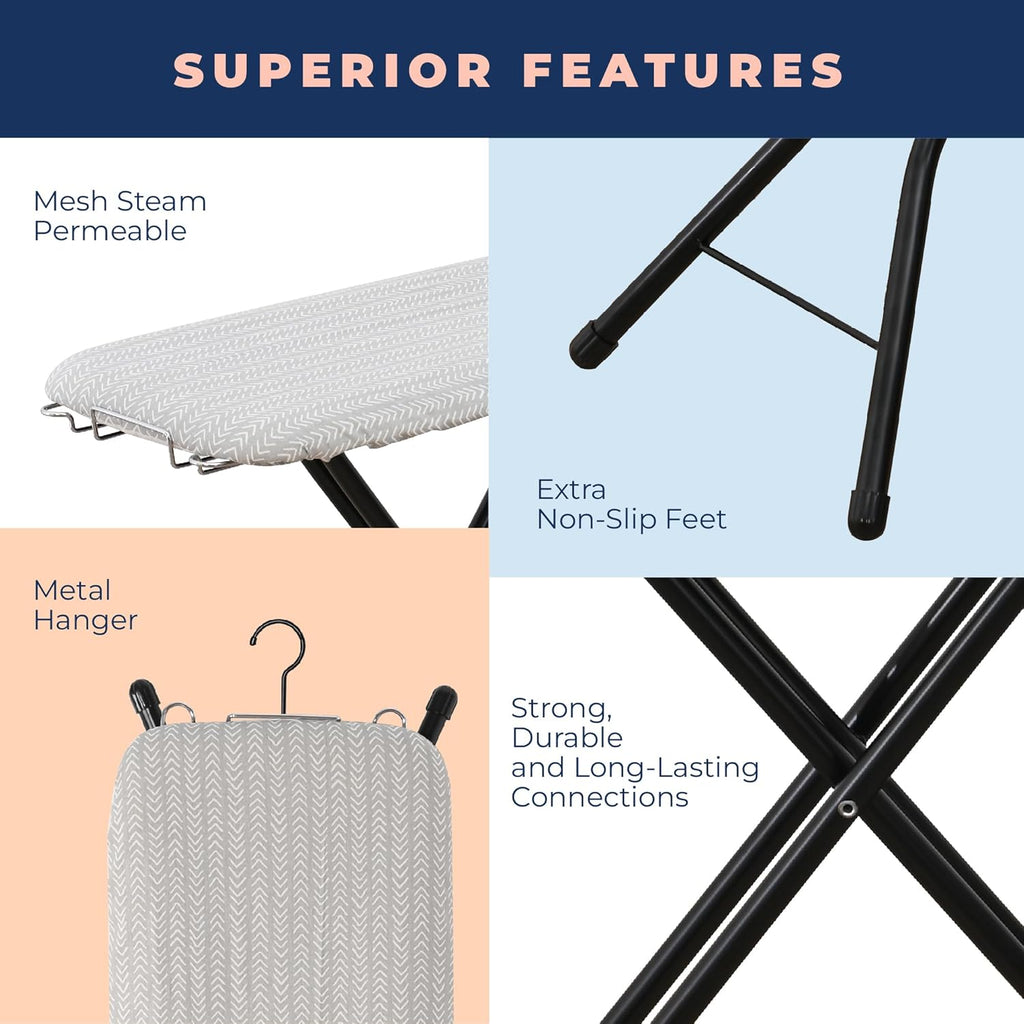 Ironing Board with Iron Rest, Iron Board with 3 Layers Extra Thick Cover, Compact and Space Saver Foldable Ironing Board, Adjustable Height, Easy Storage with Smart Hanger and Lightweight Design