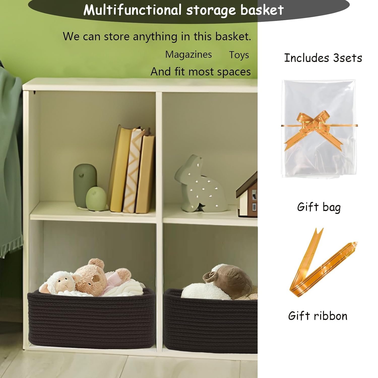 COMFY-HOMI 13" x 8.5" x 5.1" Storage Baskets for Organizing | Cotton Rope Woven Basket | Toy Storage Bin Box | Basket for Shelves, Closet Organizer Bin, Decorative Closet Shelf, 3 Pack, All Black
