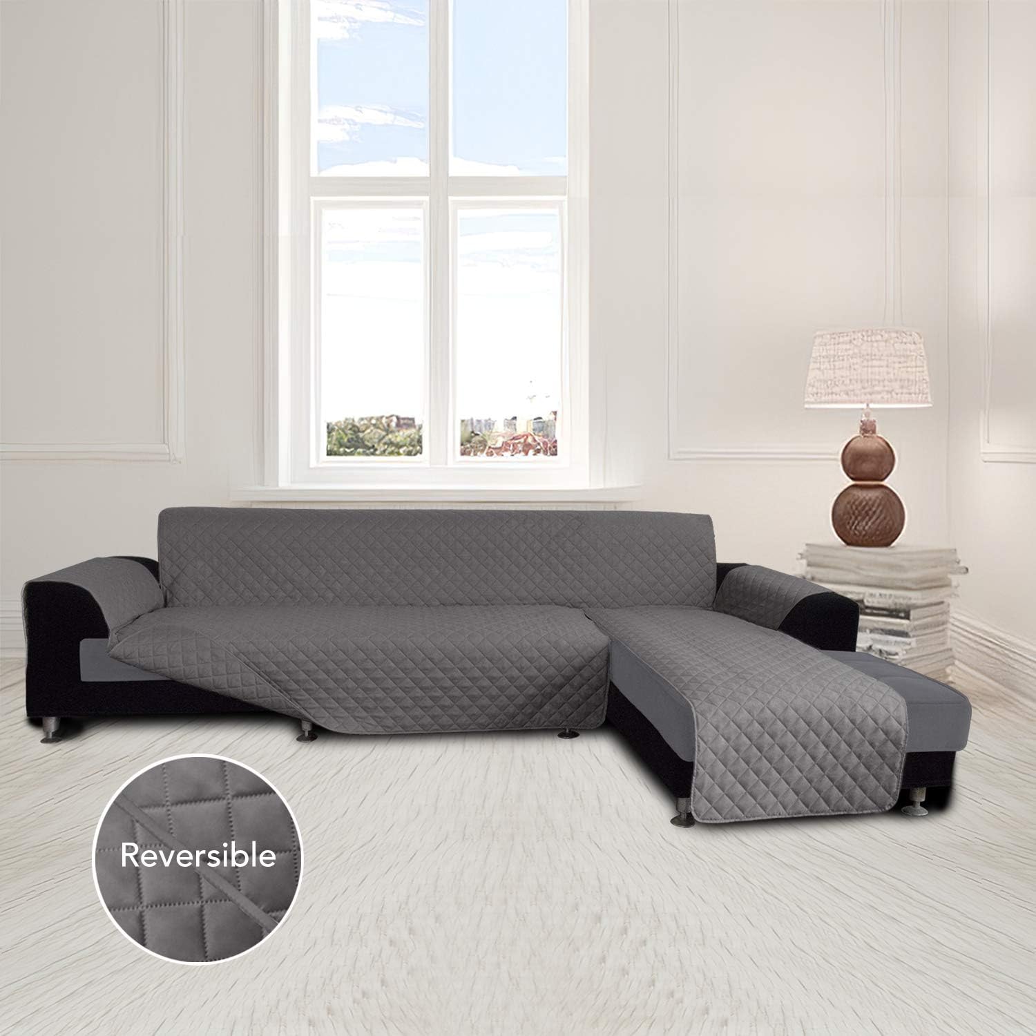 Easy-Going L Shape Sofa Slipcover - Sectional Couch Cover with Chaise Lounge & Reversible Sofa Cover Protection for Pets & Kids (Large, Gray/Gray)