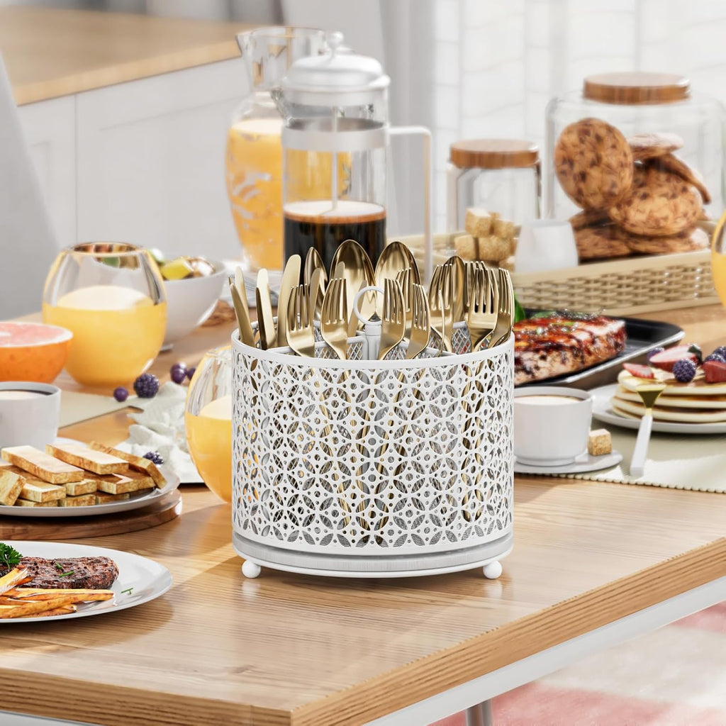 360° Rotating Kitchen Utensil Holder - Fast-Drying Utensils Caddy - 4 Compartment Flatware Silverware Organizer High Raised Cutlery Holder with Handle for Kitchen Countertop Party Picnic Table White