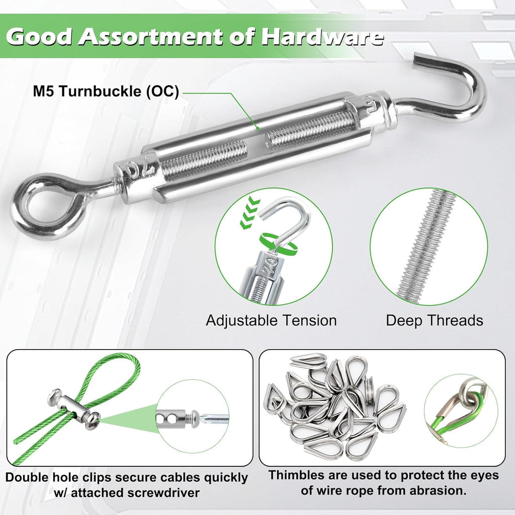 Turnbuckles for Cables Wire, 1/8" X 100Ft Green PVC Coated Wire Rope Kit, Multi-use Steel Cable for Grape Vines/Clothes Line Outdoors for T Post/String Light Hanging/Garden Cable