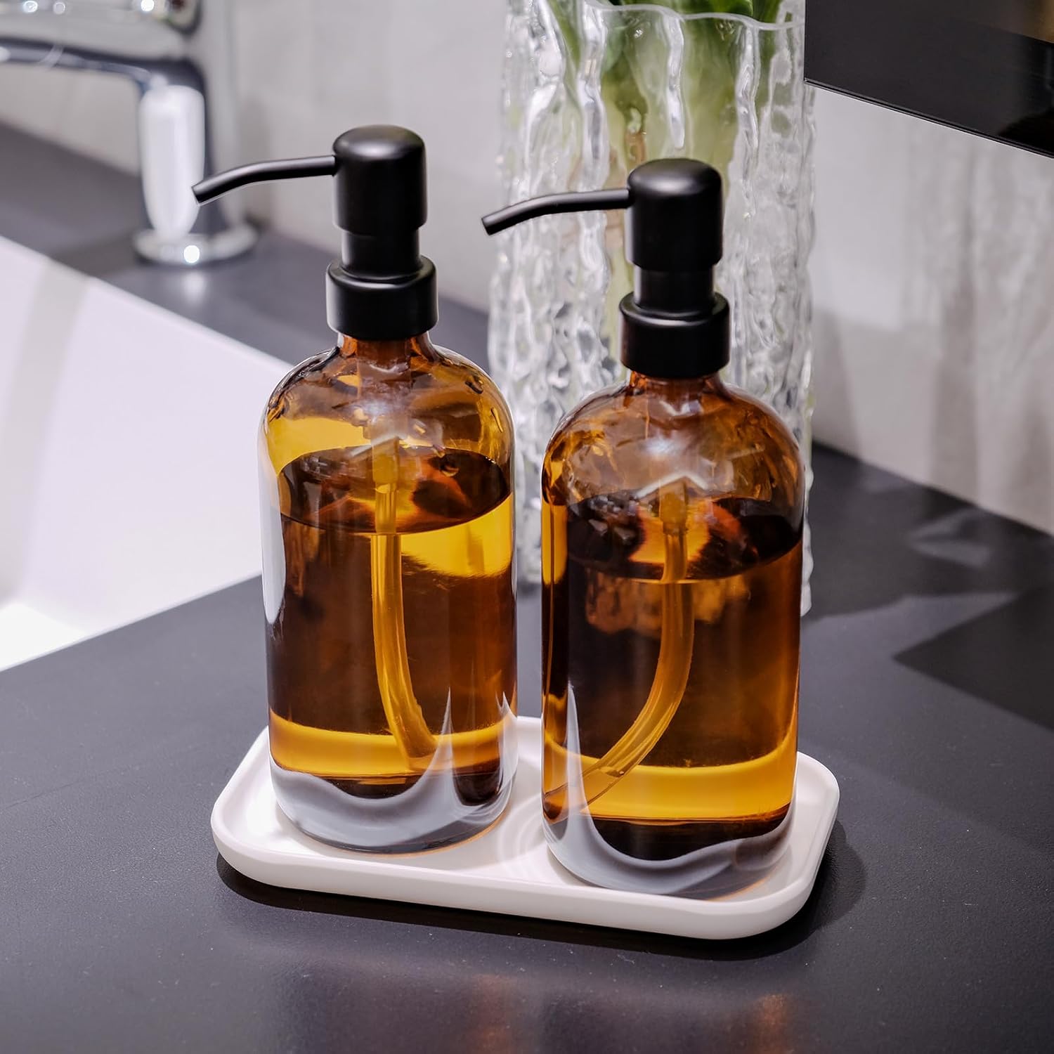 Amber Glass Soap Dispenser, 2 Pack Bathroom Kitchen Soap Dispenser Set with Stainless Steel Pump, 16 oz Dish Soap Hand Soap Dispensers