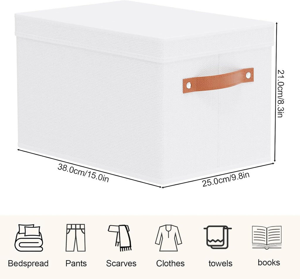 Fabric Storage Bins, Clothes Boxes for Shelves with Lids, Baskets for Organizing with Handles, Decorative Linen Closet Organizers, White, 1 Pack, 15 x 9.8 x 8.3 Inch