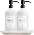 Vine Creations Glass Soap Dispenser, 2 Pack Kitchen Soap Dispenser Set with Ceramic Tray, Stainless Steel Pump, Dish Soap and Hand Soap Dispensers for Bathroom or Kitchen Decor with Waterproof Labels