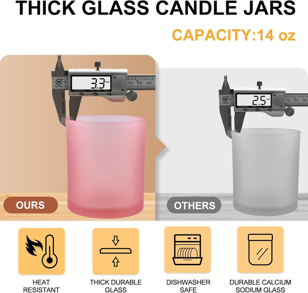 SHOWIN 14 OZ Thick Candle Jars for Making Candles 12 Pcs, 3 Wick Empty Jars with Wood Lids for Candle Making, Sample Container, Frosted Pink