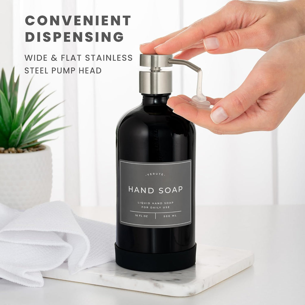 16oz Glass Soap Dispenser with Stainless Steel Pump, 21 Waterproof Labels, Non-Slip Protective Silicone Pad, Set of 2 for Bathroom & Kitchen (Gloss Black Bottle/Brushed Silver Pump)