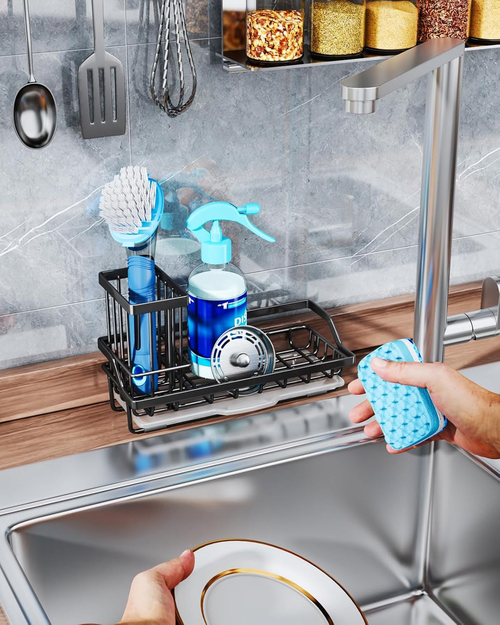 Consumest Sponge Holder for Kitchen Sink - Kitchen Sink Caddy Organizer with Removable Drip Tray for Countertop Dish Soap Dispenser Brush Storage Accessories 304 Stainless Steel - Black