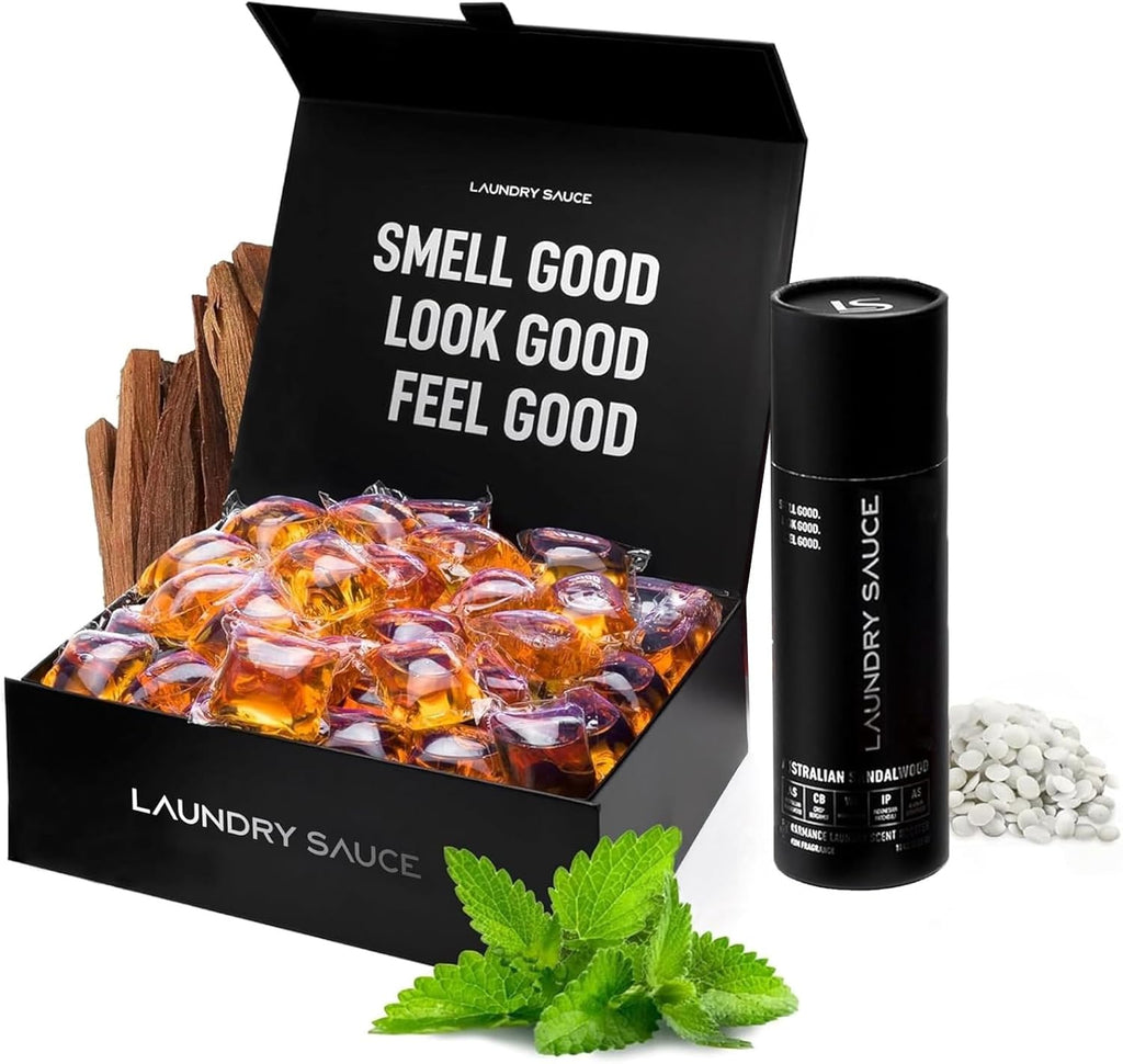 Laundry Sauce - Luxury Scented Laundry Detergent Pods & Scent Booster Bundle (Australian Sandalwood), Premium Laundry Washing Pods with High-End, Sophisticated Fragrances, Dye Free & HE Compatible