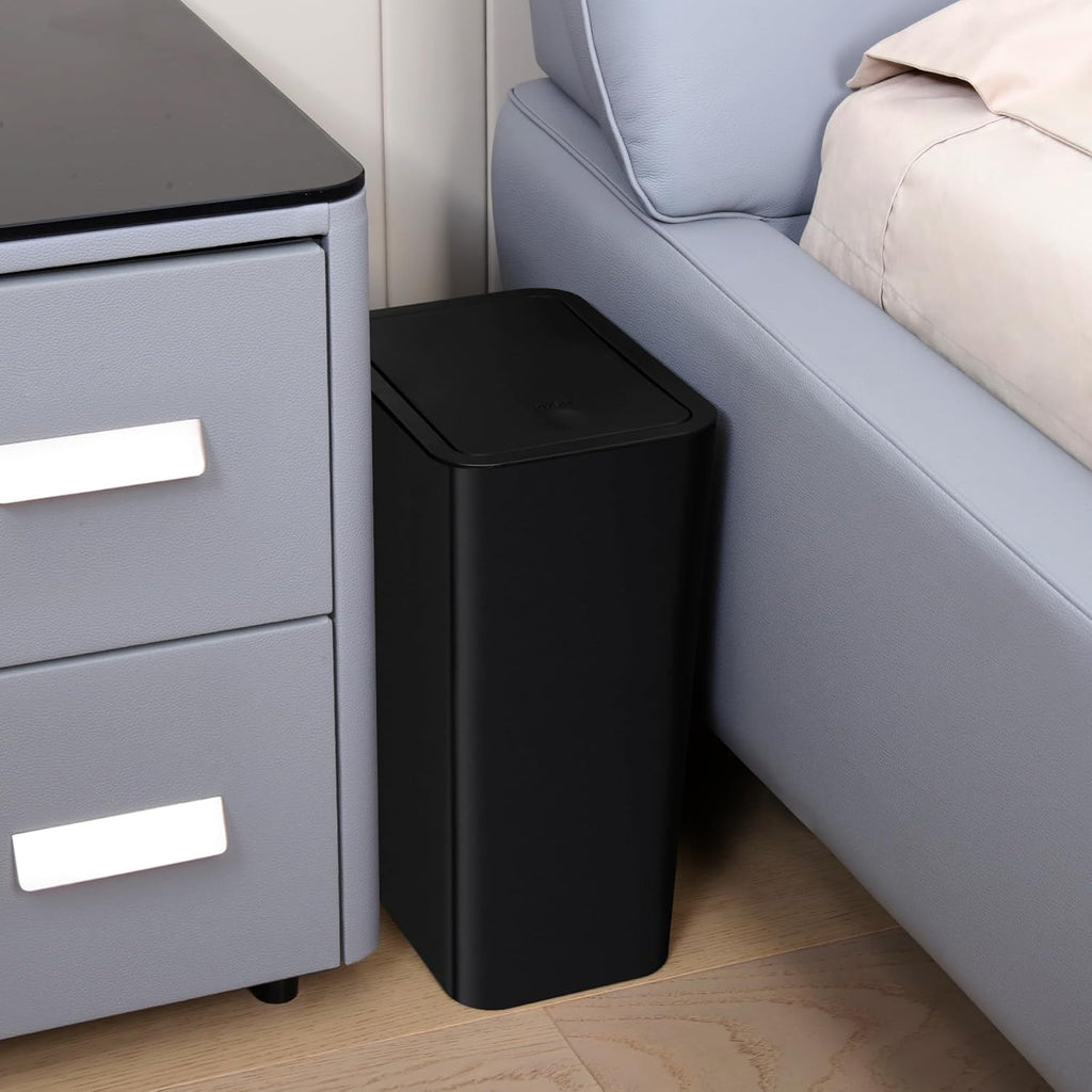TIPGO Bathroom Trash Can with Lid, 10 Liter/ 2.6 Gallon Slim Garbage Can, Small Trash Bin Waste Basket with Pop-Up Lid for Kitchen, Bedroom, Living Room, Office (2 Pack, Black)