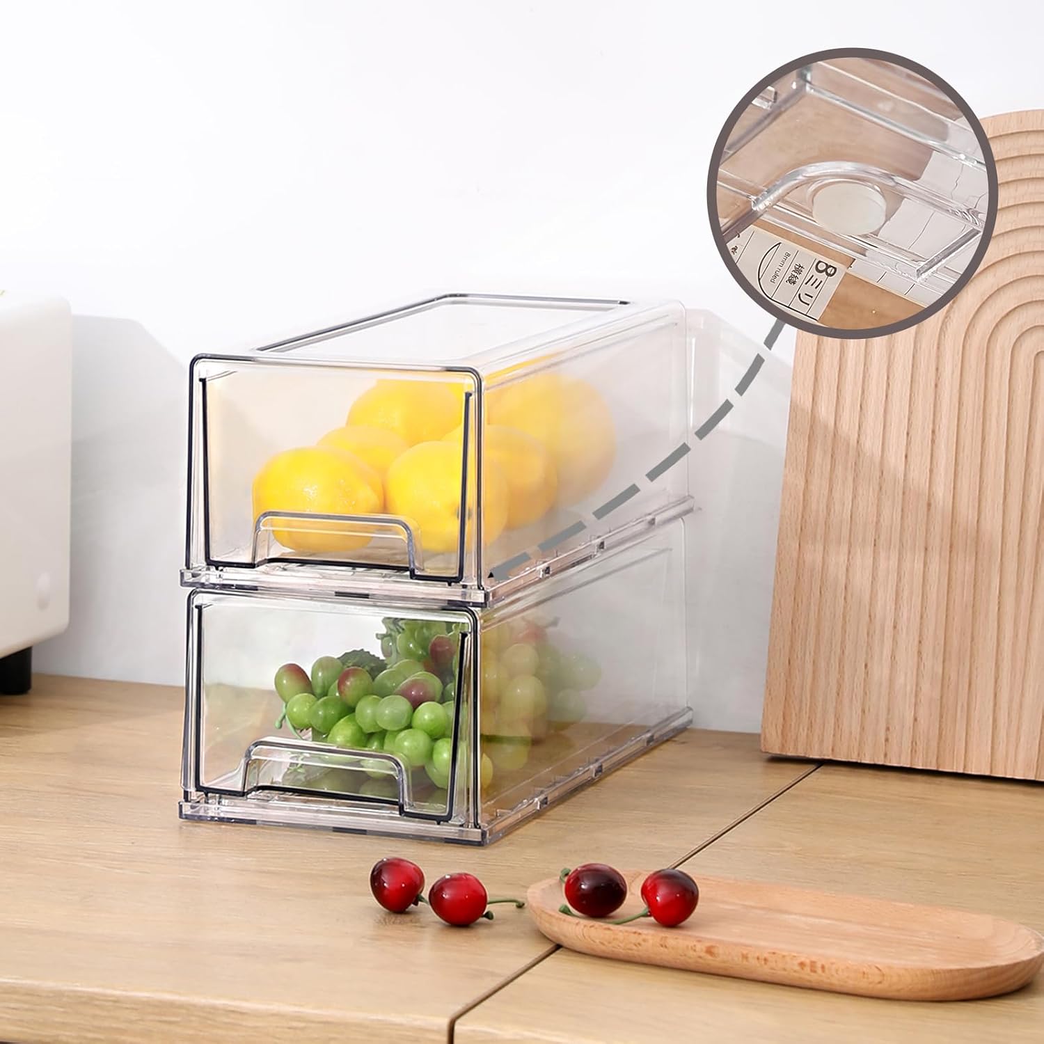 PeJeyiee 2 Pack Clear Stackable Refrigerator Organizers and Storage Drawers - Pull-Out Fridge Bins with Anti-Slip Base & Easy Clean, Plastic Organizers for Kitchen Pantry Cabinet Closet (Medium)