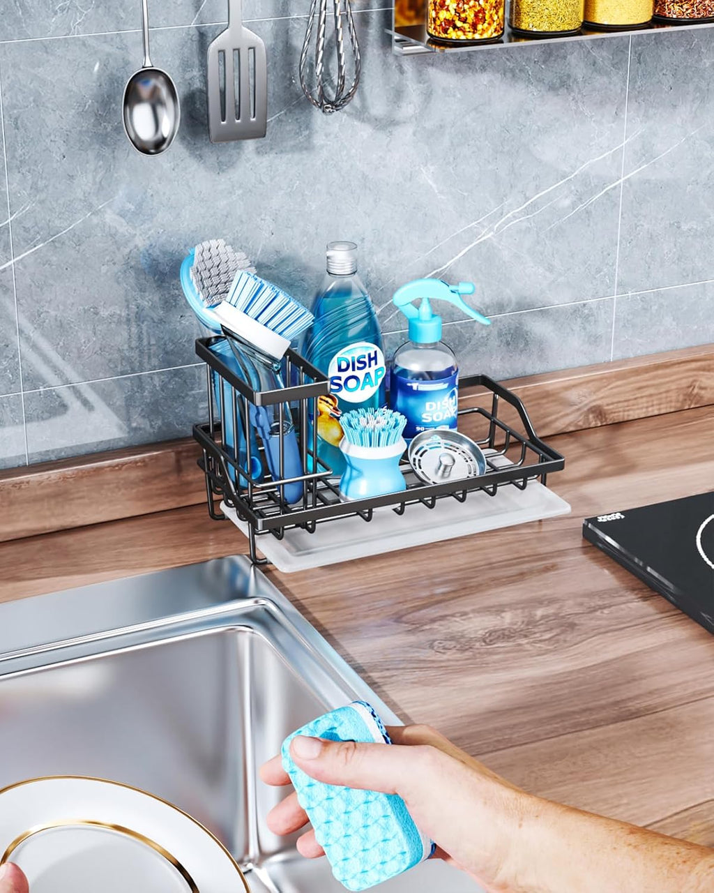 Consumest Sink Caddy, Kitchen Sponge Holder with Dish Brush Holder, Kitchen Sink Organizer with Drip Tray for Countertop Stainless Steel Rustproof, Black-Large