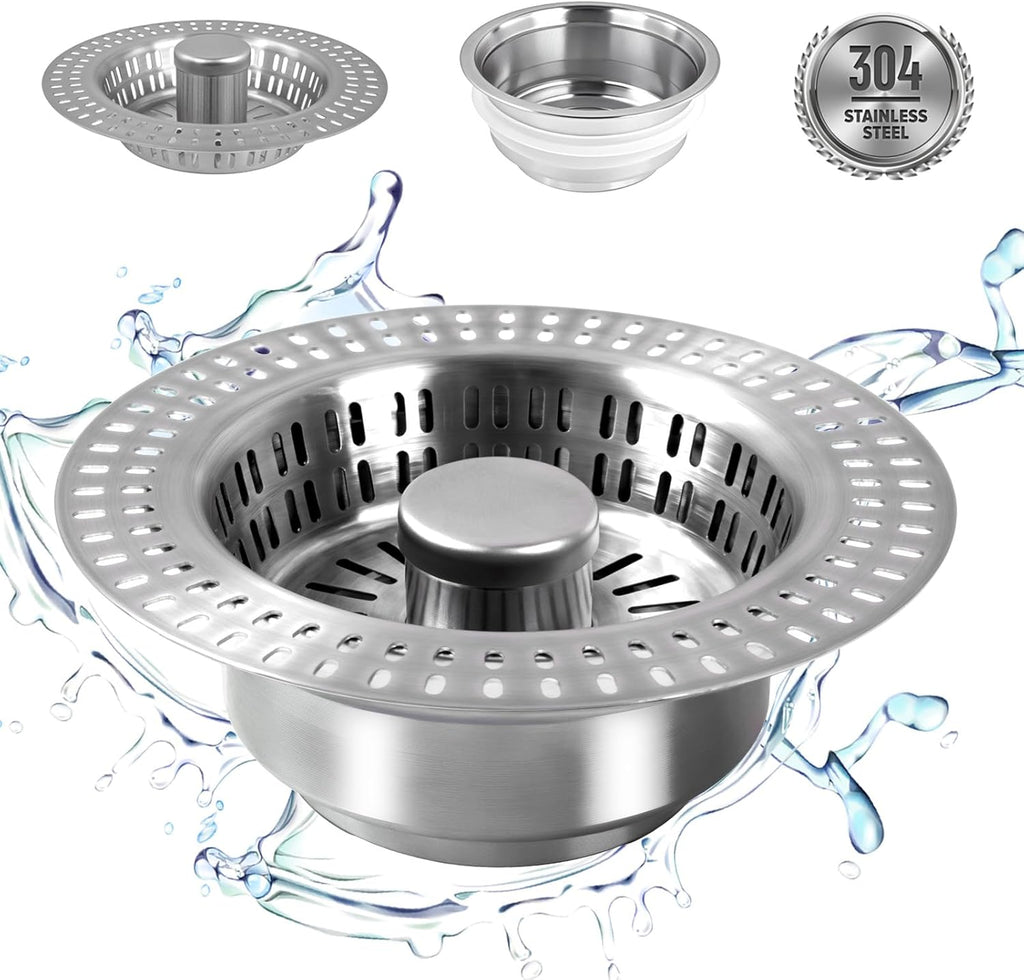 3 in 1 Kitchen Sink Drain Strainer Stopper, Stainless Steel Pop Up Sink Stopper with Anti-Clogging Basket Strainer Width 3.07" Height 1.77 for Deep Sink (Silver)