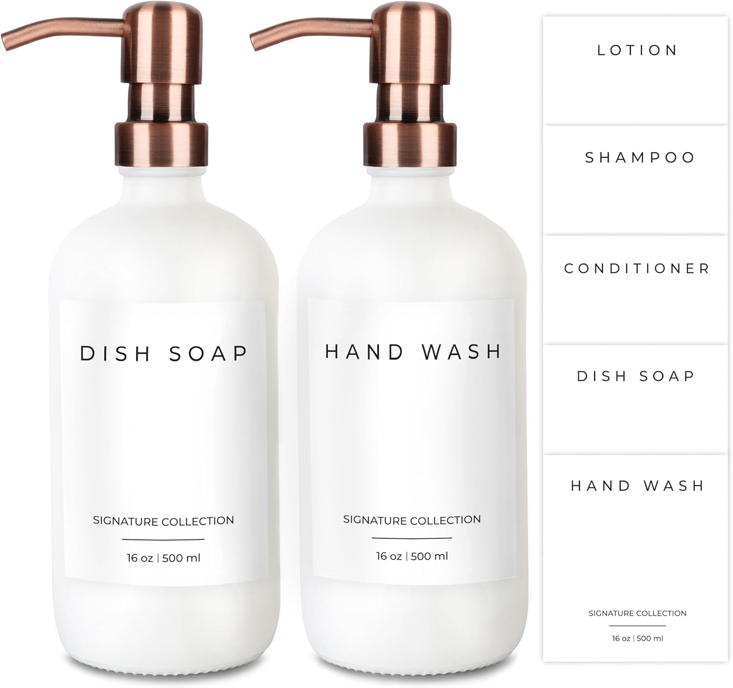 Emerson Essentials Thick Glass Soap Bottle Dispensers, 2 Pack, Non Rust Stainless Steel Pumps Hand Set for Bathroom Kitchen Sink, Shampoo Lotion Liquid Jars, 16 Oz, with 4 Waterproof Labels – White