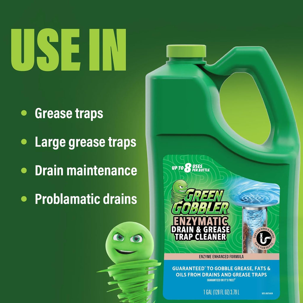 Green Gobbler ENZYMES for Grease Trap & Sewer - Controls Foul Odors & Breaks down Grease, Paper, Fat & Oil in Sewer Lines, Septic Tanks & Grease Traps (4 Gallon Case)