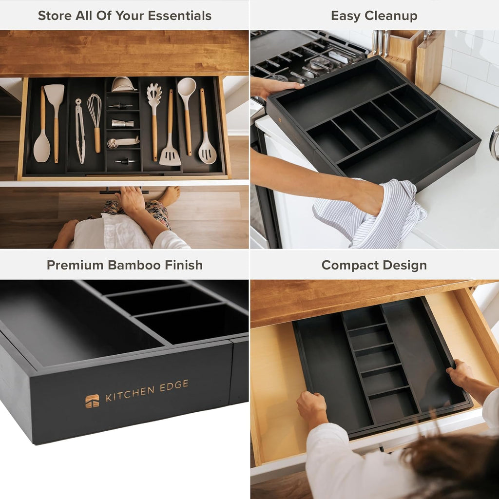 KitchenEdge Adjustable Kitchen Drawer Organizer for Utensils and Junk, Food-Safe Contract Grade with 100% Sustainable Wood, Expandable from 19 to 33 Inches Wide - Black Bamboo