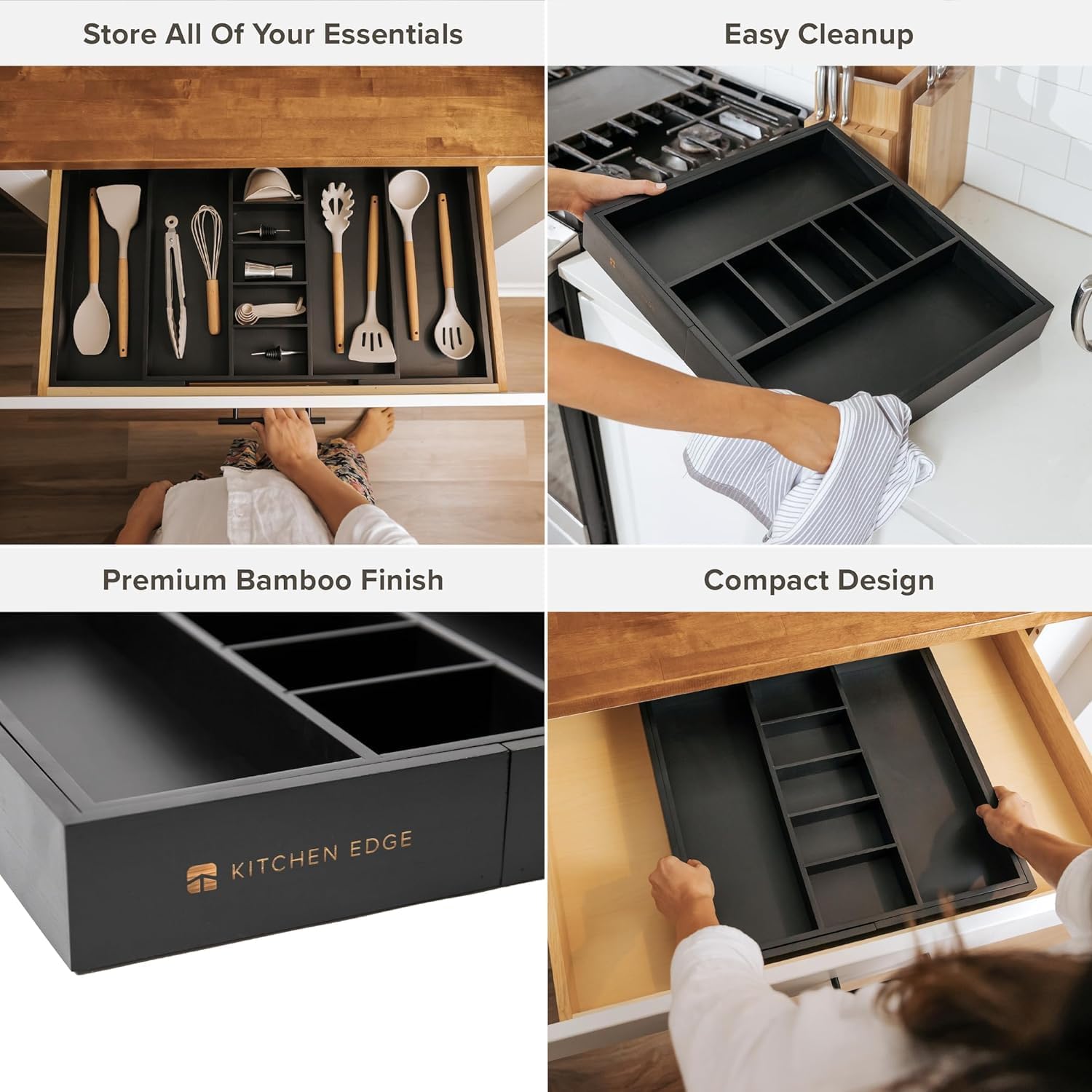 KitchenEdge Adjustable Kitchen Drawer Organizer for Utensils and Junk, Food-Safe Contract Grade with 100% Sustainable Wood, Expandable from 19 to 33 Inches Wide - Black Bamboo