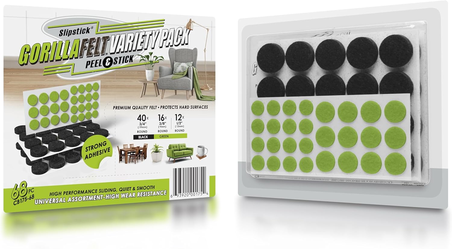 Slipstick Gorilla Felt ¾ Inch Furniture Pads (68 Pcs) Premium Furniture Pads & Chair Leg Floor Protectors for Hardwood Floors & Hard Surfaces