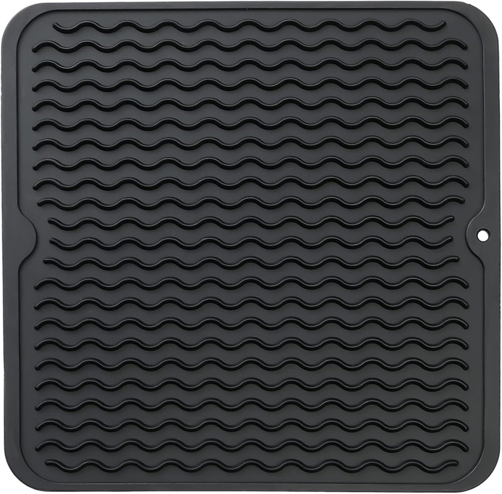 Silicone Dish Drying Mat for Multiple Usage,Easy clean,Eco-friendly,Heat-resistant Silicone Mat for Kitchen Counter or Sink,Refrigerator or Drawer liner Black M 12 inches x 12 inches