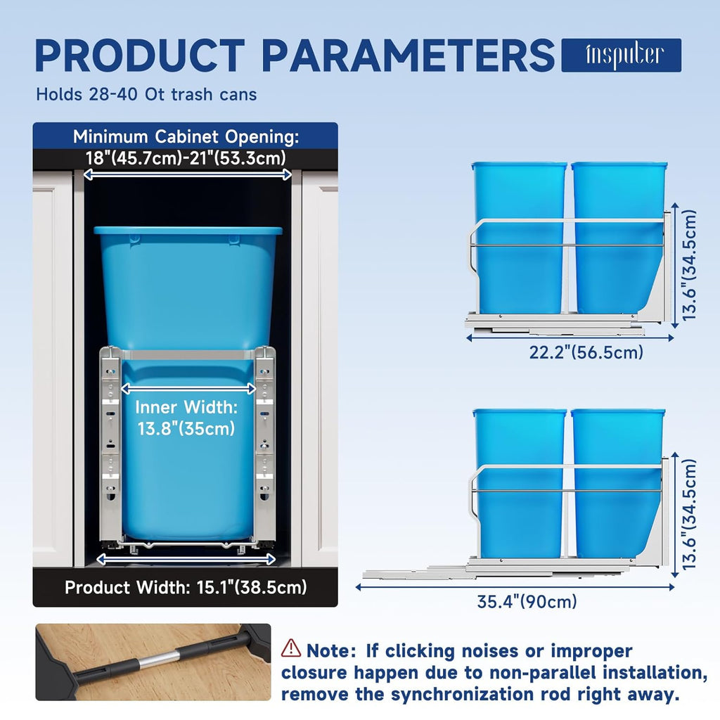 Insputer Double Pull Out Trash Can Under Cabinet with Push to Open Slides, Heavy Duty Under Sink Garbage Can Kit for Kitchen, Not Include Bin, Require 18" W X 24" D Cabinet, has Installation Video