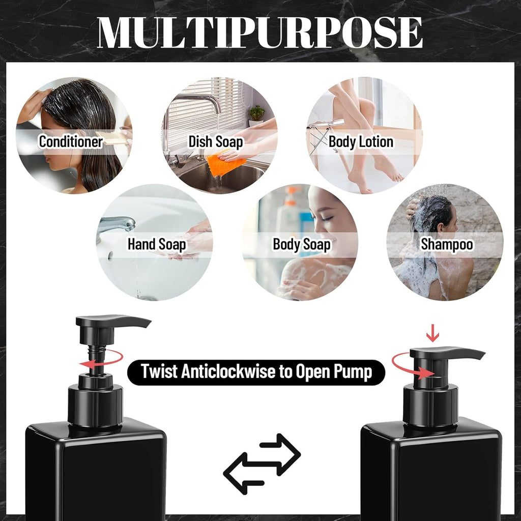 Tanlade 6 Pcs Shampoo and Conditioner Dispenser Bottles 16oz Modern Shower Soap Bottles with Pump, Labels and Marker Pen Easy to Refill Body Wash Dispensers for Home Bathroom Decoration (Black)
