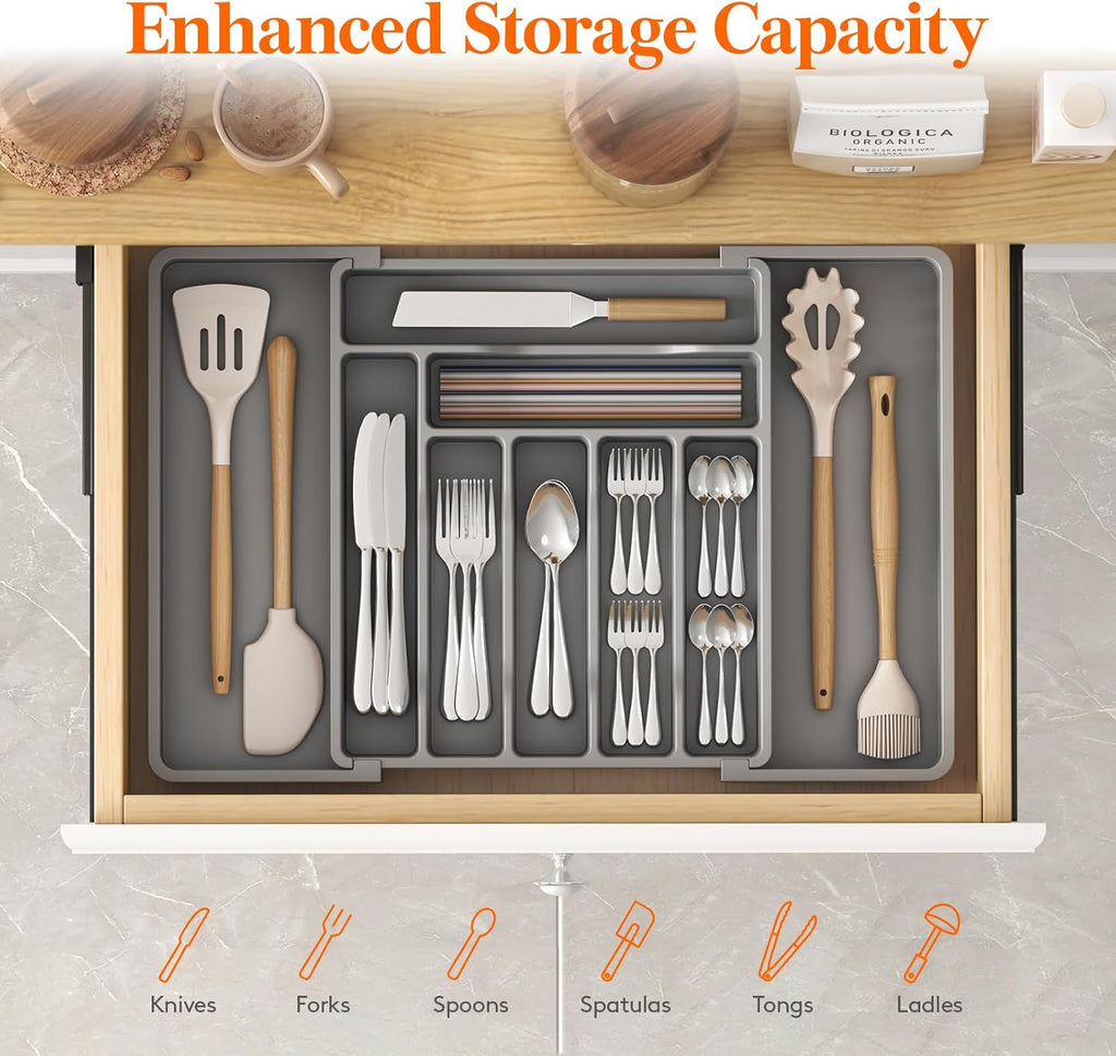 Lifewit Silverware Drawer Organizer, Expandable Utensil Organizer for Kitchen Drawers, Adjustable Cutlery and Flatware Tray, Plastic Spoons Forks Knives Holder Storage Dividers, Large, Gray