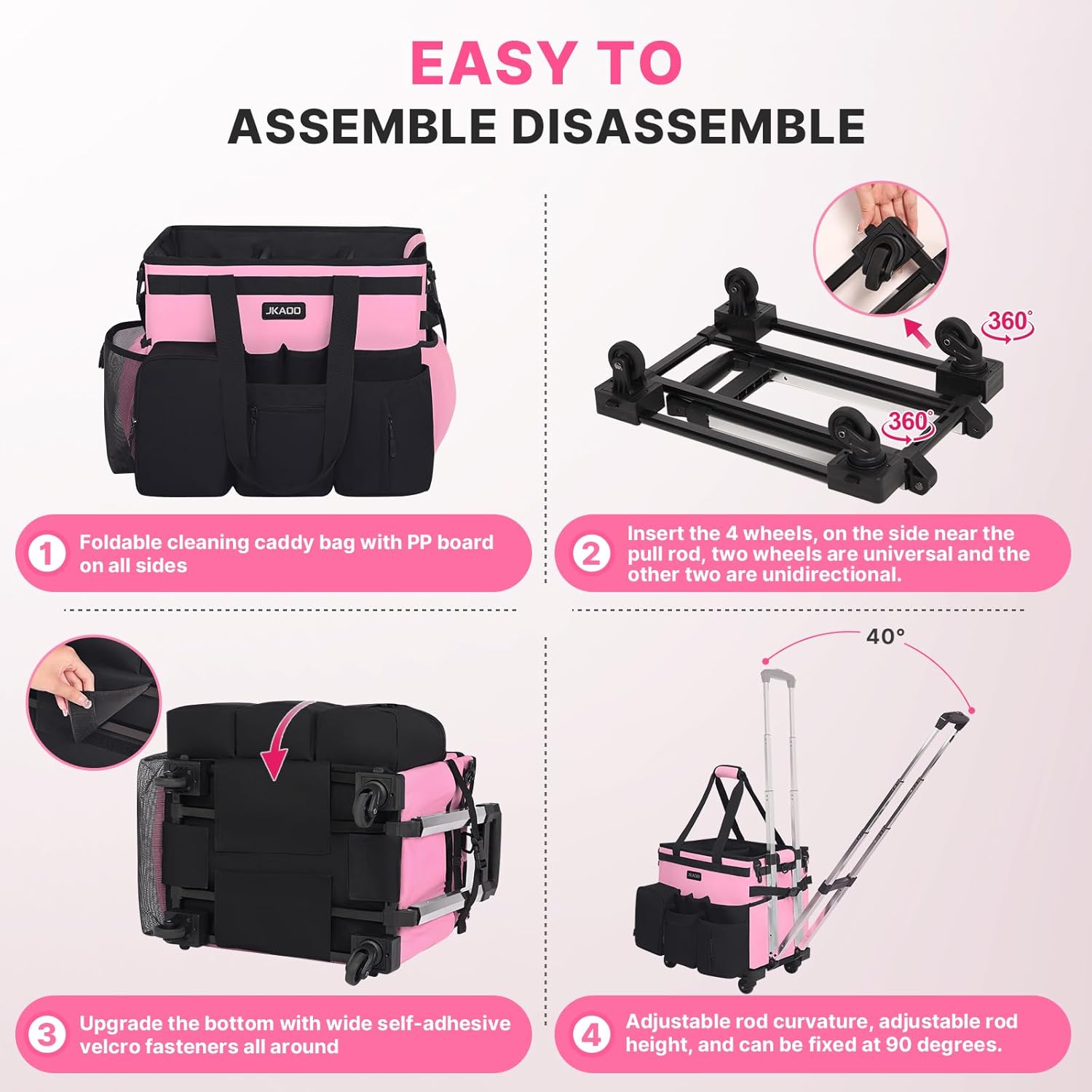 Large Rolling Cleaning Caddy Bag with Detachable Trolley, Waterproof Cleaning Caddy on Wheels for Housekeepers, Cleaning Cart Supplies Organizer for Home,Car,Office,Picnic (Pink) (in Patent)