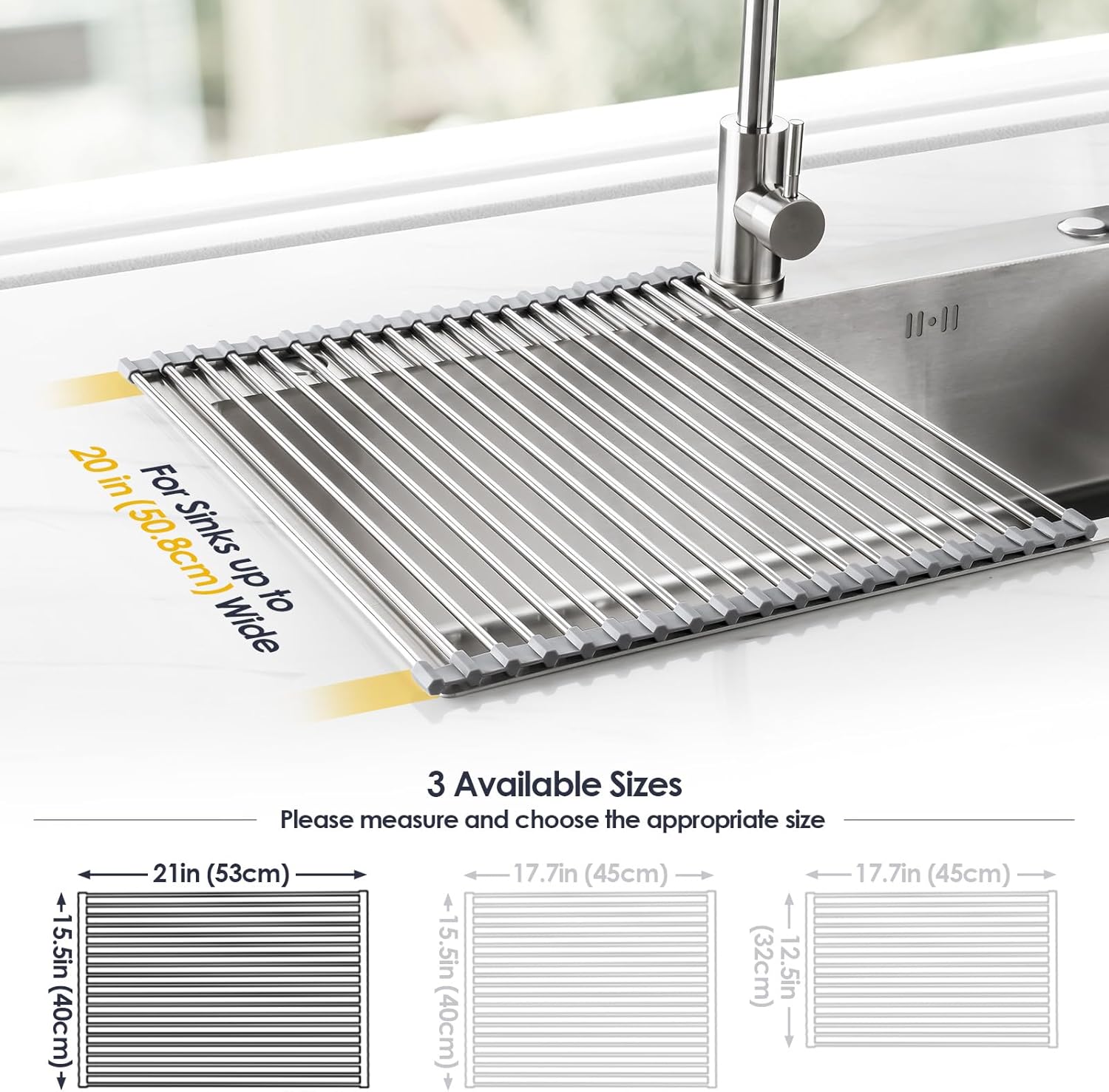 Tomorotec 21" x 15.5" Roll Up Dish Drying Rack Over Sink Drying Rack Sink Cover Kitchen Sink Accessories Gadget Multipurpose Organizer Foldable Stainless Steel Drainer