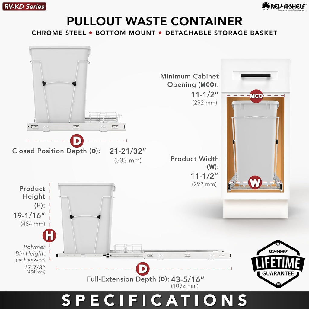 Rev-A-Shelf Pullout Trash Can for Kitchen Cabinets 35 Qt Garbage Waste Recycling Bin with Full Extension Slides, Orion Gray, RV-12KD-13C-S