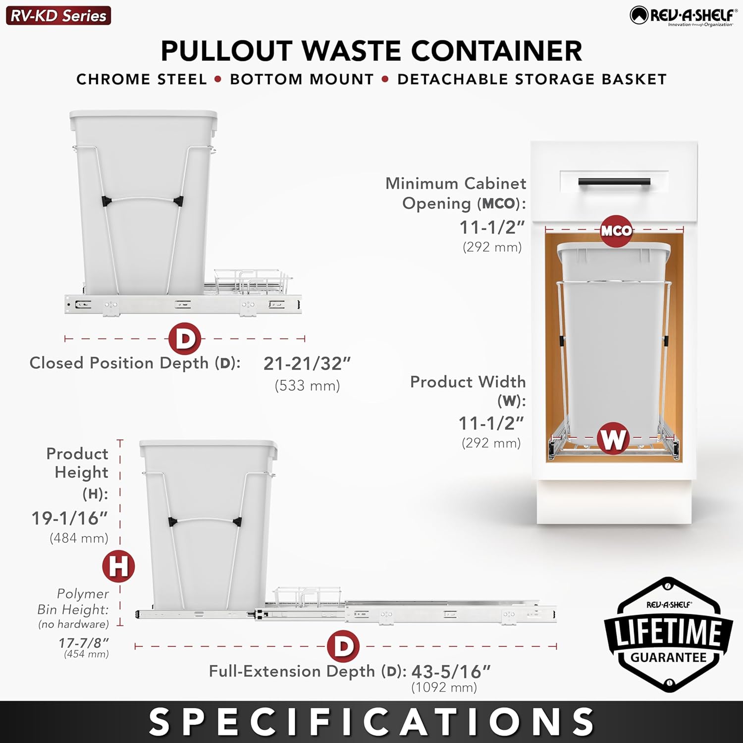 Rev-A-Shelf Pullout Trash Can for Kitchen Cabinets 35 Qt Garbage Waste Recycling Bin with Full Extension Slides, Orion Gray, RV-12KD-13C-S