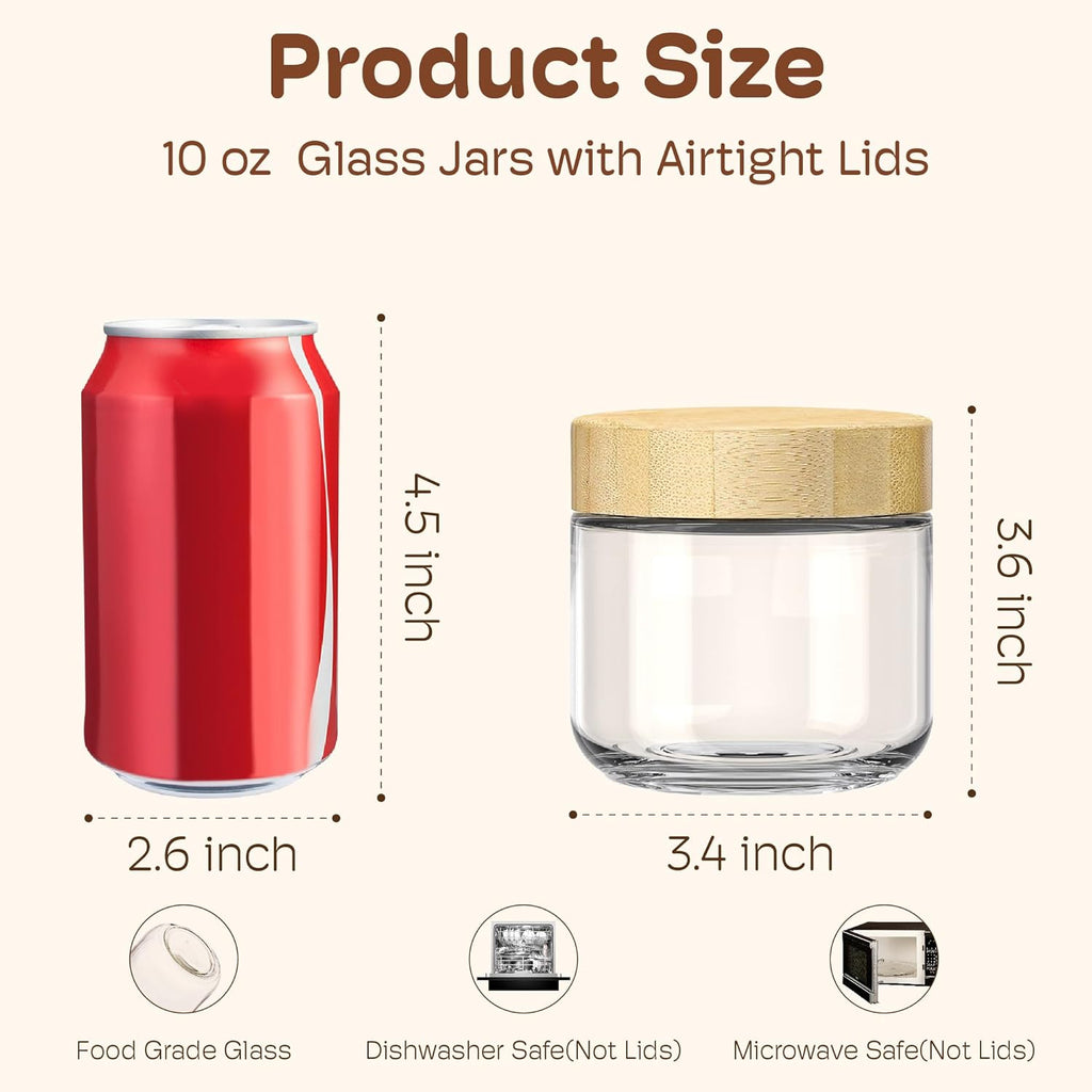 6 Pack 10oz Overnight Oats Containers with Bamboo Lids, Glass Jars with Airtight Lids for Meal Prep, Wide Mouth Mason Salad Jars, Glass Food Storage Container for Yogurt Chia Snacks Spice Sugar
