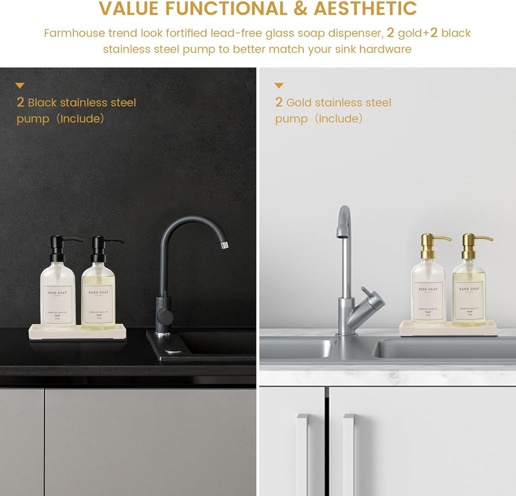 Glass Soap Dispenser for Kitchen Sink,Farmhouse Dish Soap Dispenser&Hand Soap Dispenser Set,Rustproof Pump Lotion Dispenser Bathroom with Tray,Waterproof Label for Kitchen Decor(Clear
