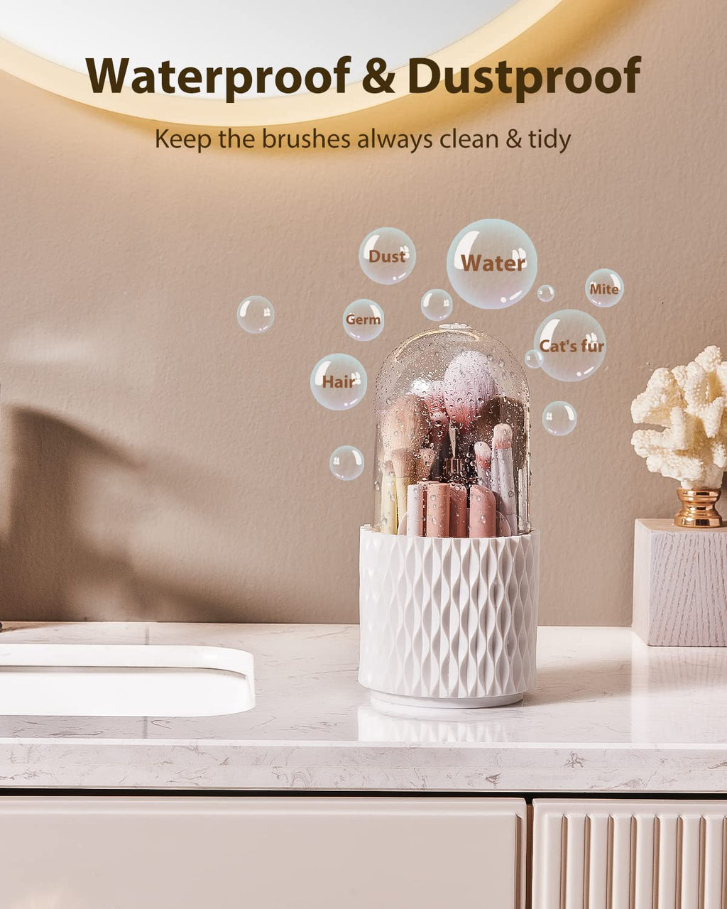 [Upgrade] Rotating Makeup Brush Holder, [Dustproof & Waterproof] 360 Rotating Cosmetics Make up Brush Organizer Storage with Lid for Vanity