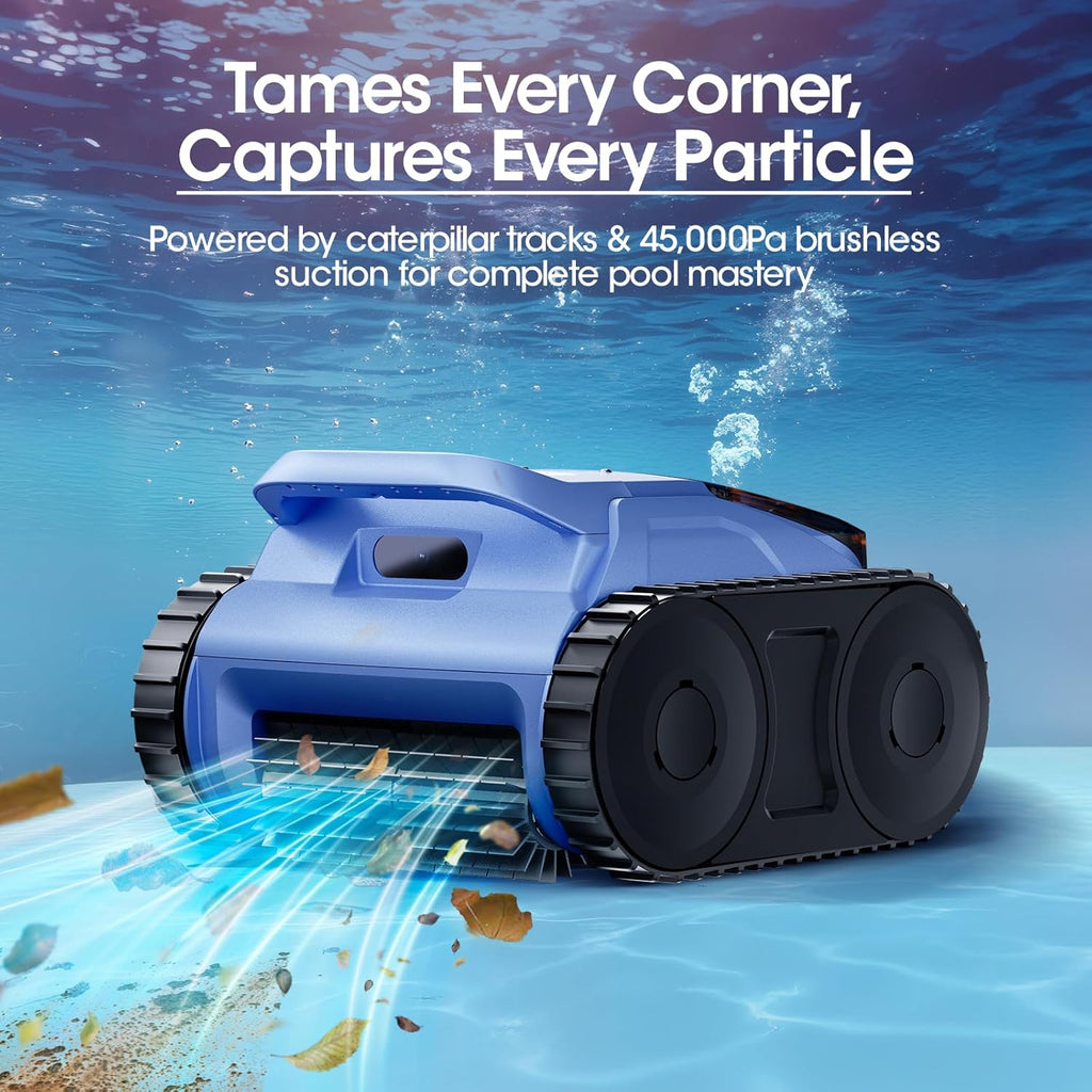 Cordless Robotic Pool Vacuum, Pool Cleaner with Track Drive & Sonar Navigation, 180W Brushless Motor, Wall & Waterline Climbing, 150-Min Runtime, for Inground & Above-Ground Pools up to 2150 Sq. Ft.