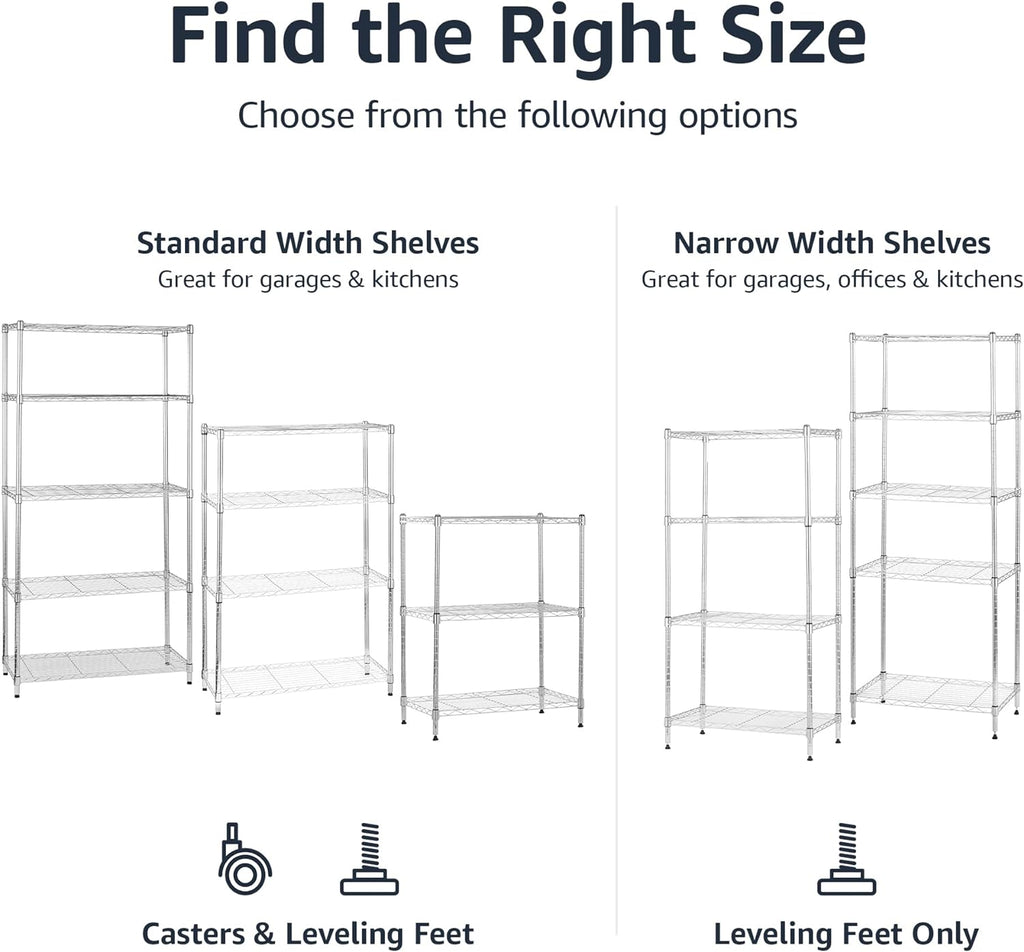 Amazon Basics 4-Shelf Adjustable, Storage Shelving Unit, (200 Pound Loading Capacity per Shelf), Steel Organizer Wire Rack, 13.4"D x 23.2"W x 48"H, Chrome
