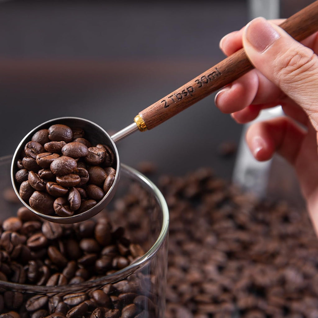 Wooden Scoops for Tea 2PCS Long Handle Coffee Scoop for Sugar (15ml 1 Tbsp + 30ml 2 Tbsp) Wood and Stainless Steel Measuring Scoop for Coffee, Wood Scoops for Seasoning Small Scoop Multipurpose