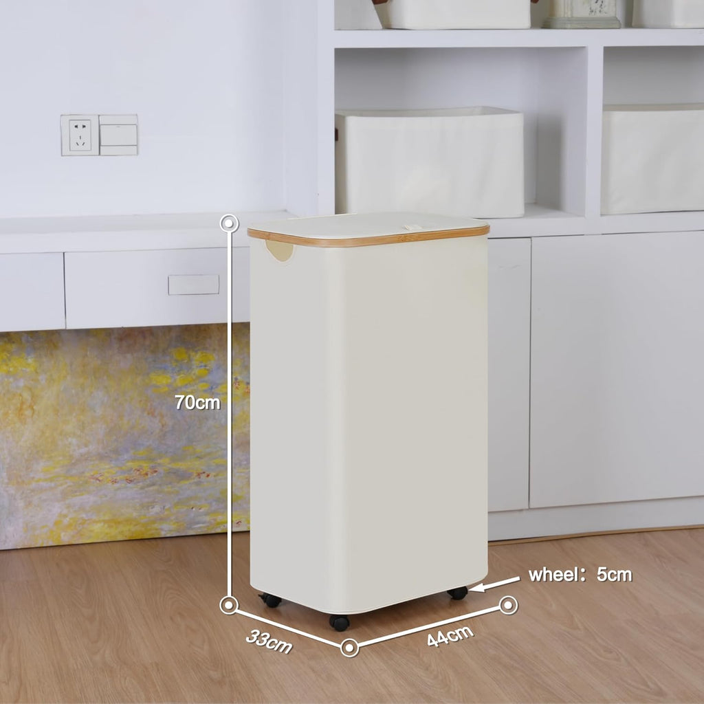Laundry Basket with Wheels,100L Hampers for Laundry,Large Laundry Hamper with Lid and Bamboo Handles,Collapsible & Waterproof Tall Cloth Hamper for Dormitory Family，Beige