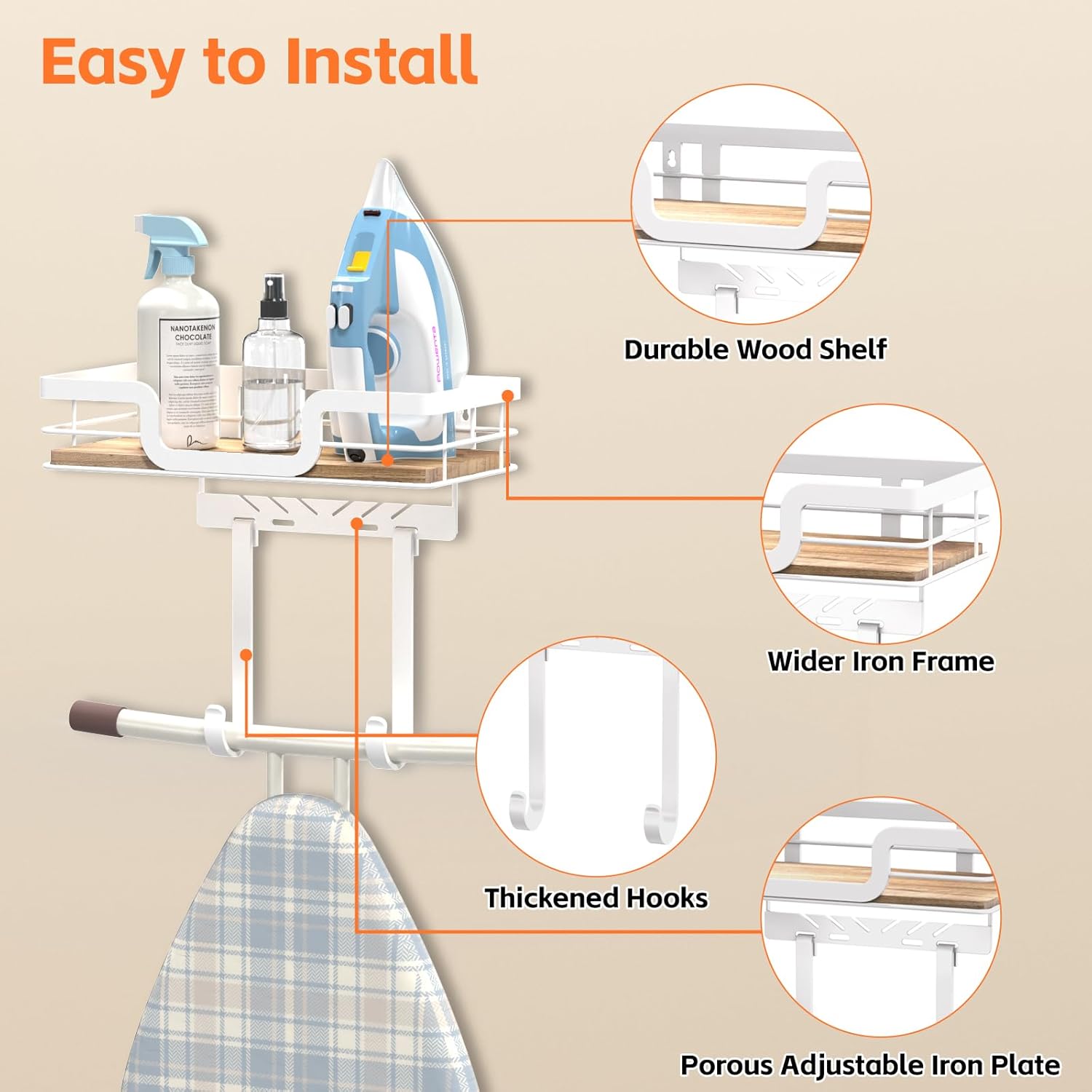 Ironing Board Holder Wall Mount, Laundry Room Organization Storage, White, T&V Shaped Space Saving Ironing Board Hanger for Laundry Room Decor and Accessories