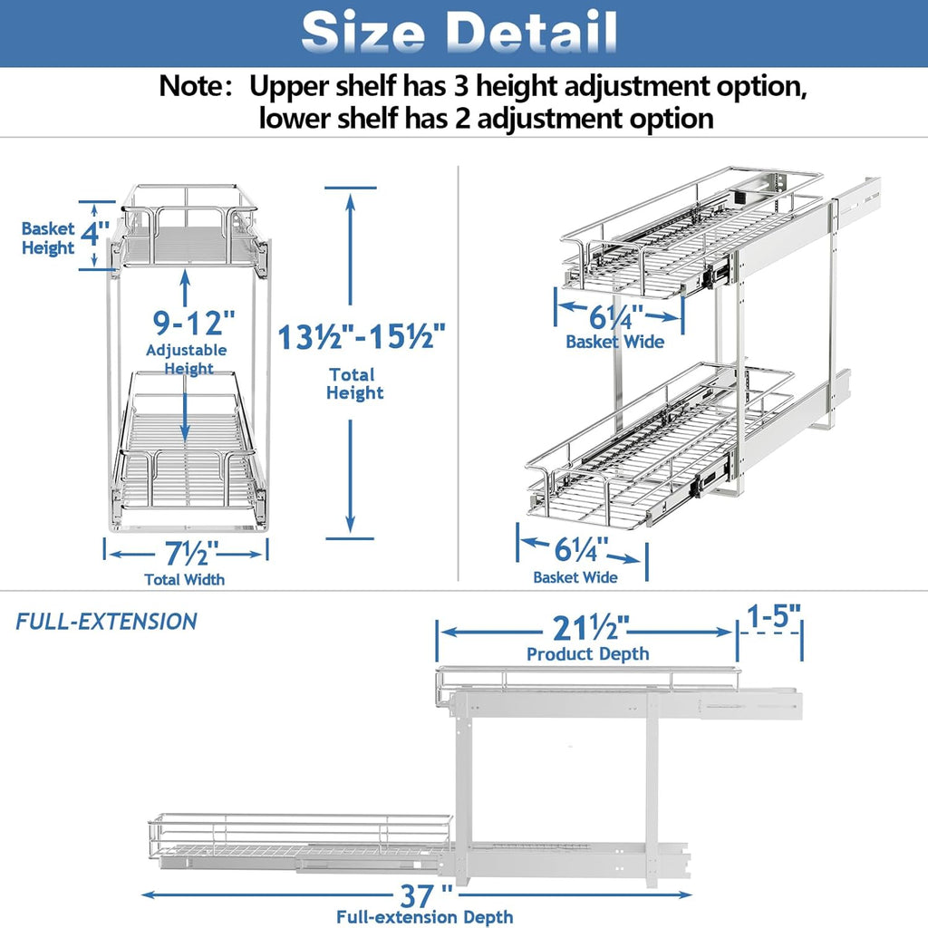 LOVMOR 2 Tier Individual Pull Out Cabinet Organizer 7½" W x 21½" D, Slide Out Kitchen Cabinet Storage Sliding Shelves