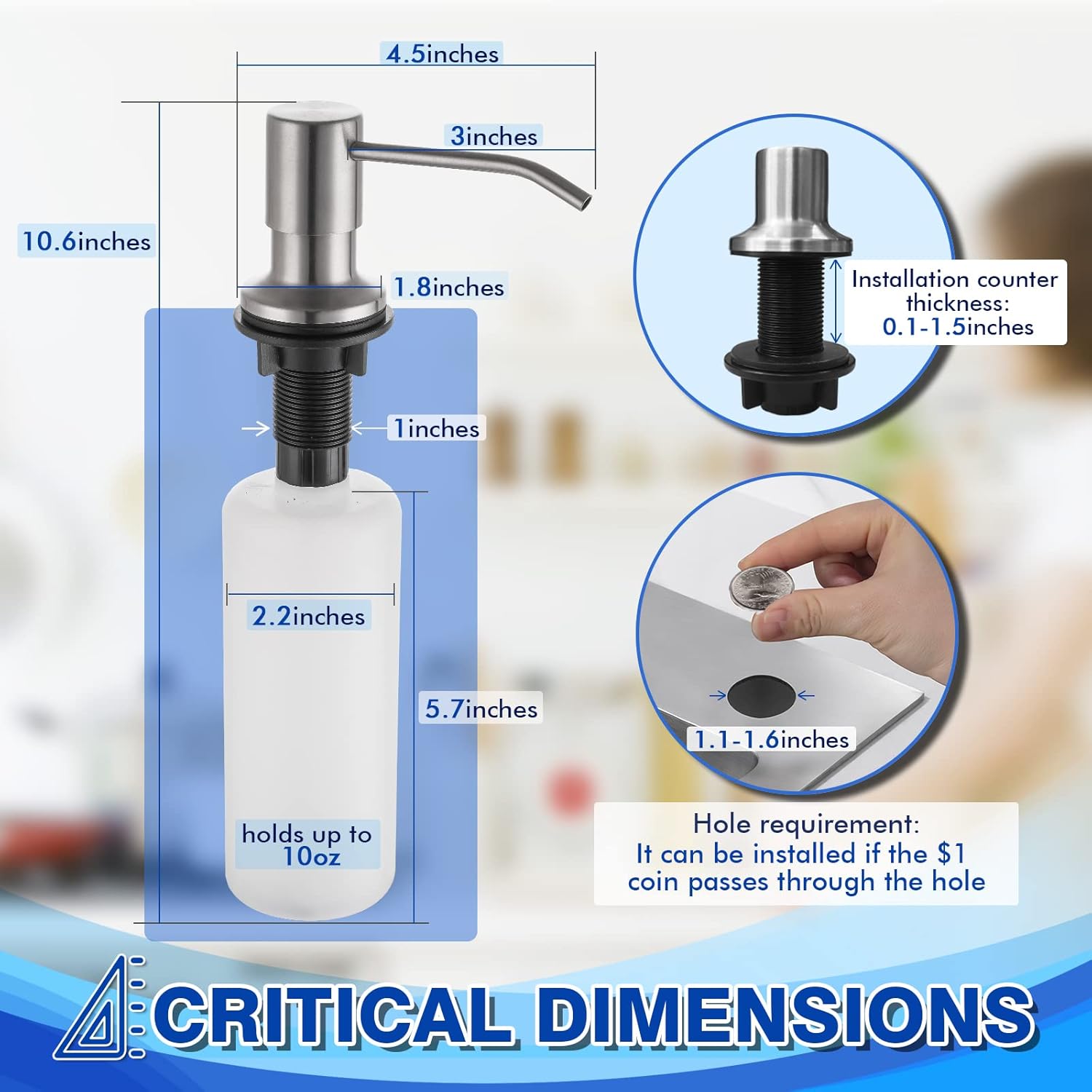 Built in Soap Dispenser for Kitchen Sink WEWE, Stainless Steel Brushed Nickel in Counter soap Dispenser Refill from The Top 10oz Large Liquid Bottle