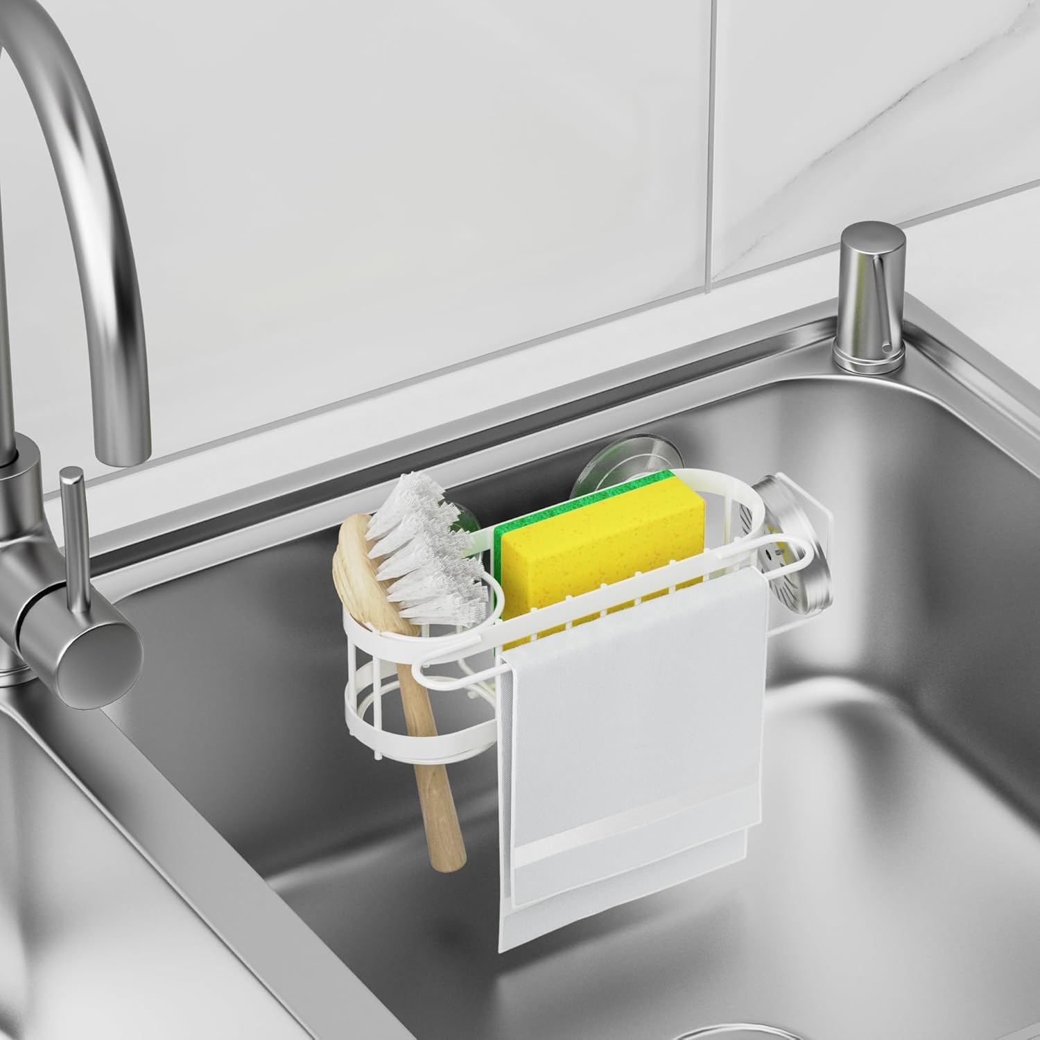 Cisily Kitchen Sink Caddy Sponge Holder in The Sink, Stainless Steel Kitchen Sink Organizer, Brush Holder, Dish Cloth Hanger, Sink Stopper Holder with Suction & Adhesives Installation Ways (White