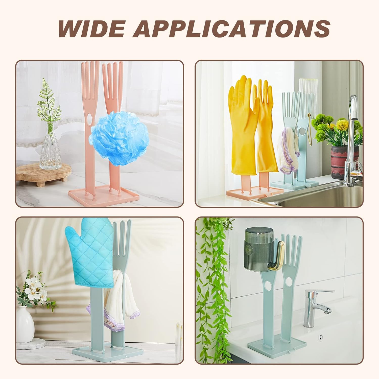 Nuenen 2 Pieces Kitchen Glove Holder Glove Drying Rack Dryer Plastic Mitten Rubber Rack Sink Stand Towel Hanger Reusable Towel Storage Holders for Sponge Food Bag Organizer, Pink and Blue