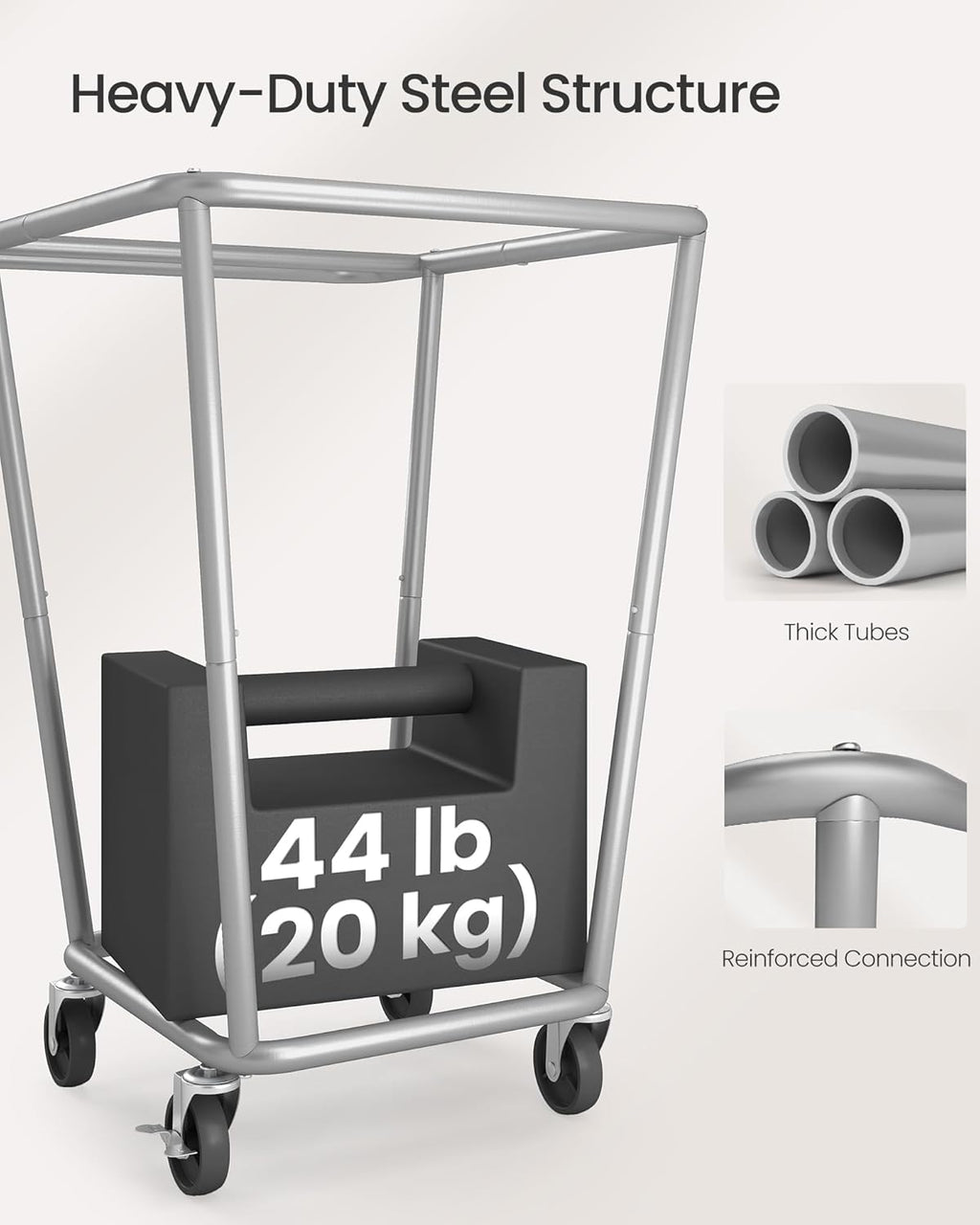 SONGMICS Laundry Basket with Wheels, 34.3 Gallons (130 L) Rolling Laundry Hamper with Removable Bag, Heavy-Duty Steel Frame with Handle, Cream White URLS008W01