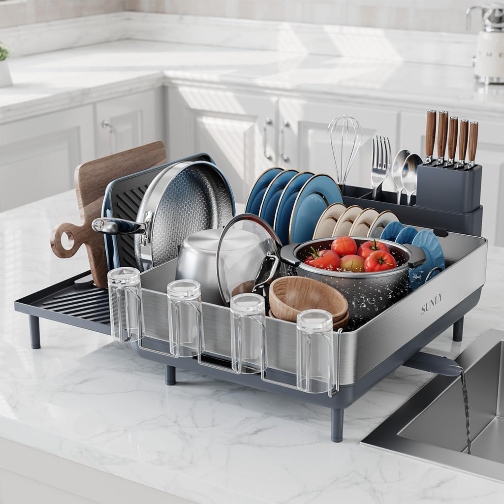 SUNLY Large Dish Drying Rack, Expandable Dish Racks for Kitchen Counter, Space Saving 304 Stainless Steel Drying Rack Kitchen, Extra Large Drainer with Multifunctional Flip Up Pegs, Gray
