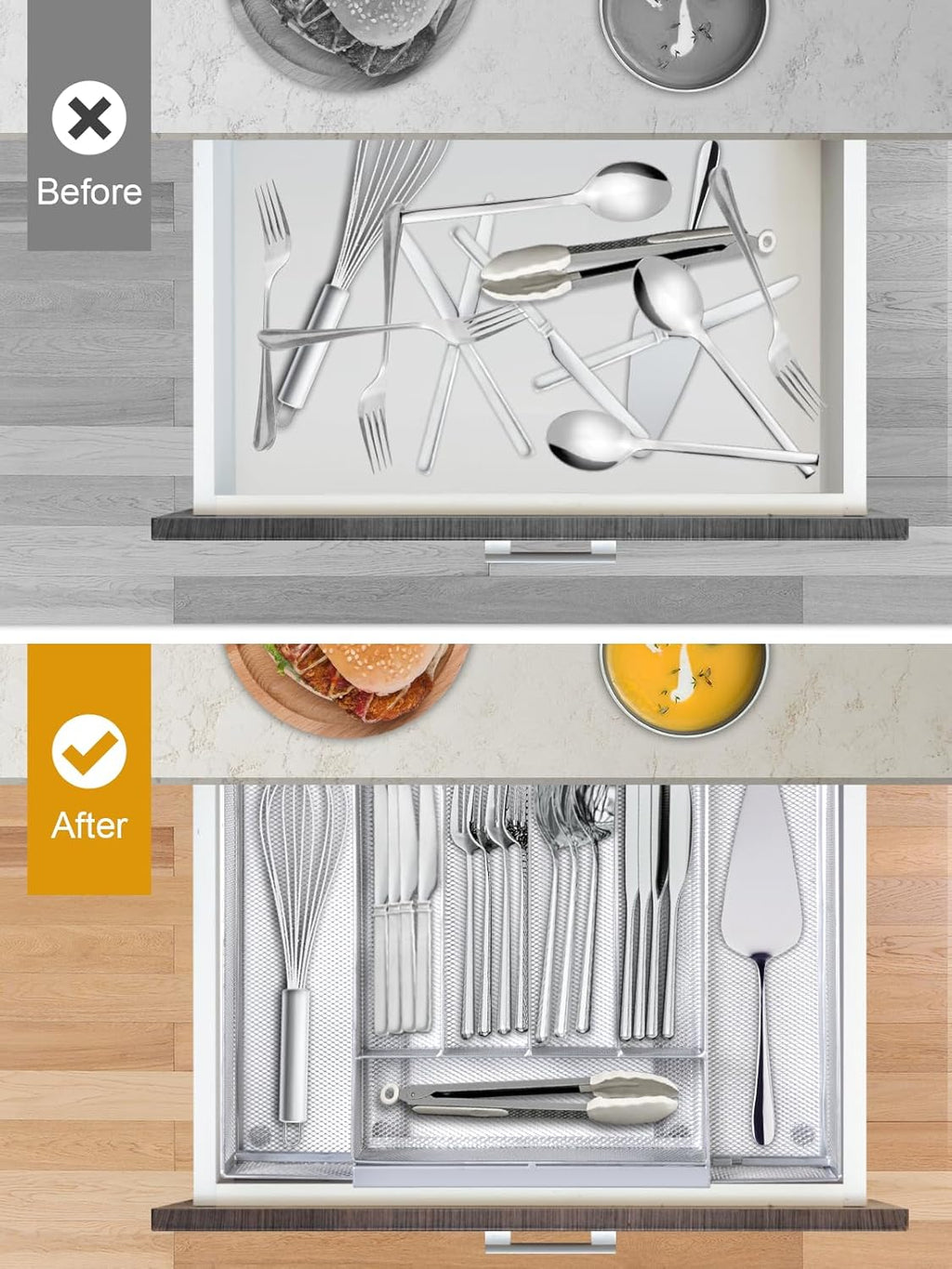 Silverware Organizer Metal Mesh, Drawer Organizer, Utensil Cutlery Tray Expandable Flatware Organizer with 7 Compartment Silver 9.4"~17.3" x 13.7"